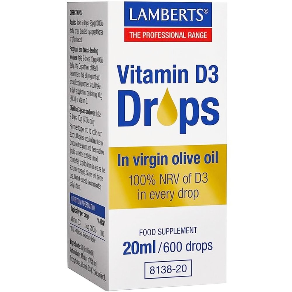 Lamberts Vitamin D3 Drops Συμπλήρωμα Διατροφής Βιταμίνης D3 για την Καλή Υγεία των Οστών & Δοντιών, Βελτίωση της Διάθεσης, Διαλυμένη σε Έξτρα Παρθένο Ελαιόλαδο σε Σταγόνες 20ml/600drops