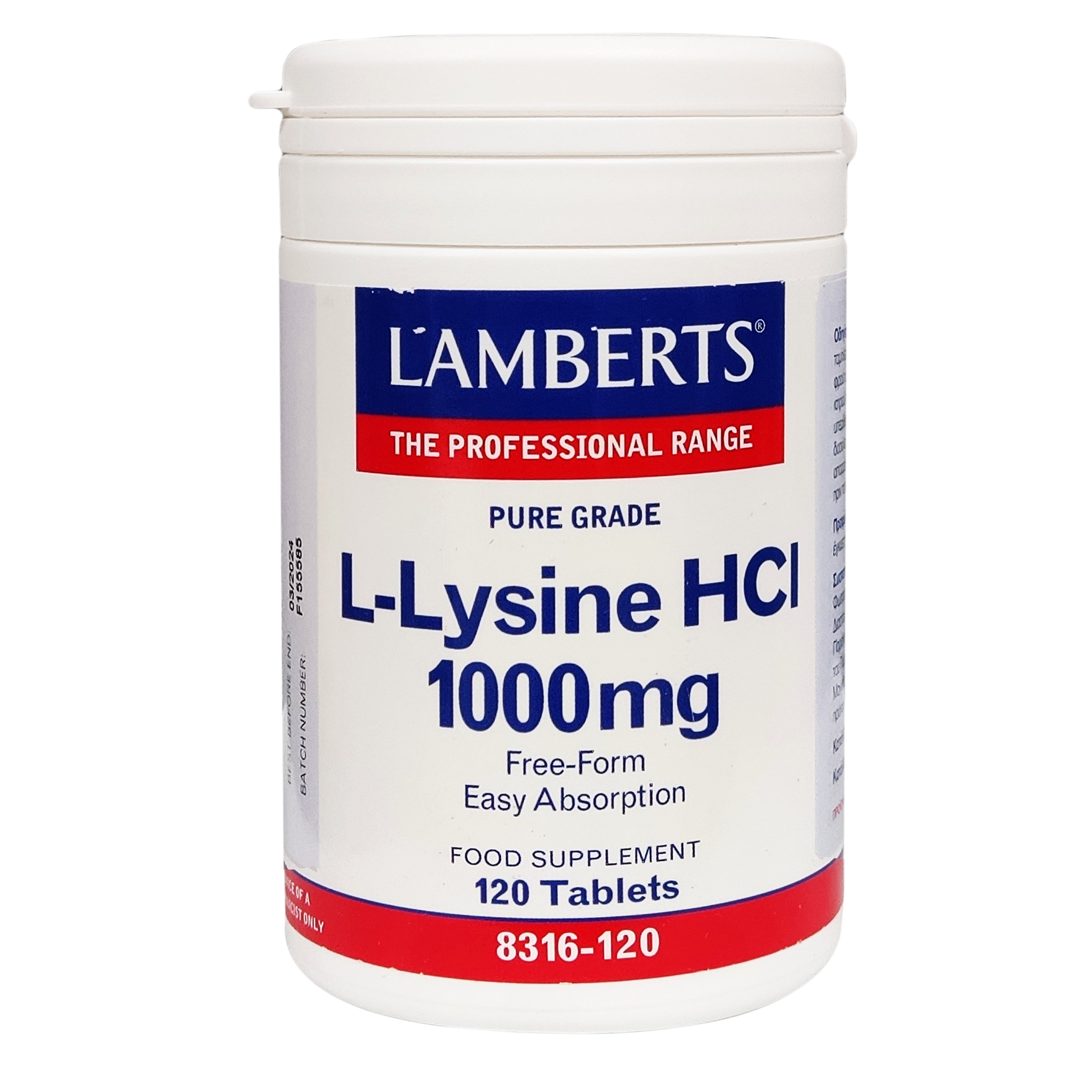 Lamberts L-Lysine HCI 1000mg Συμπλήρωμα Διατροφής με Λυσίνη που Βοηθά στην Απορρόφηση του Ασβεστίου 120tabs