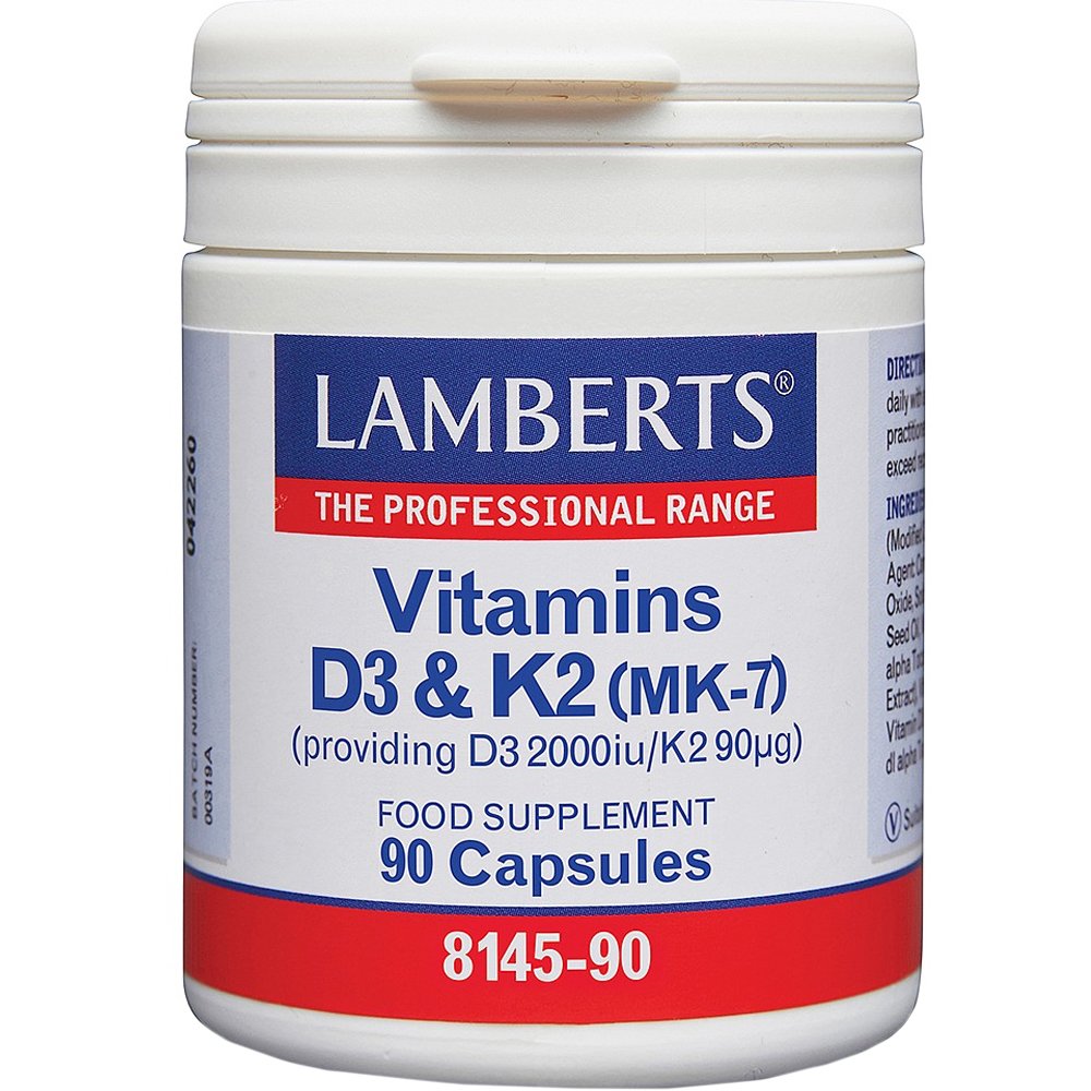 Lamberts Vitamins D3 2000iu & K2 90µg Συμπλήρωμα Διατροφής Βιταμίνης D3 & Κ2 (MK-7) Φυσικής Προέλευσης, Υψηλής Ποιότητας για την Υποστήριξη των Οστών & του Ανοσοποιητικού Συστήματος 90caps