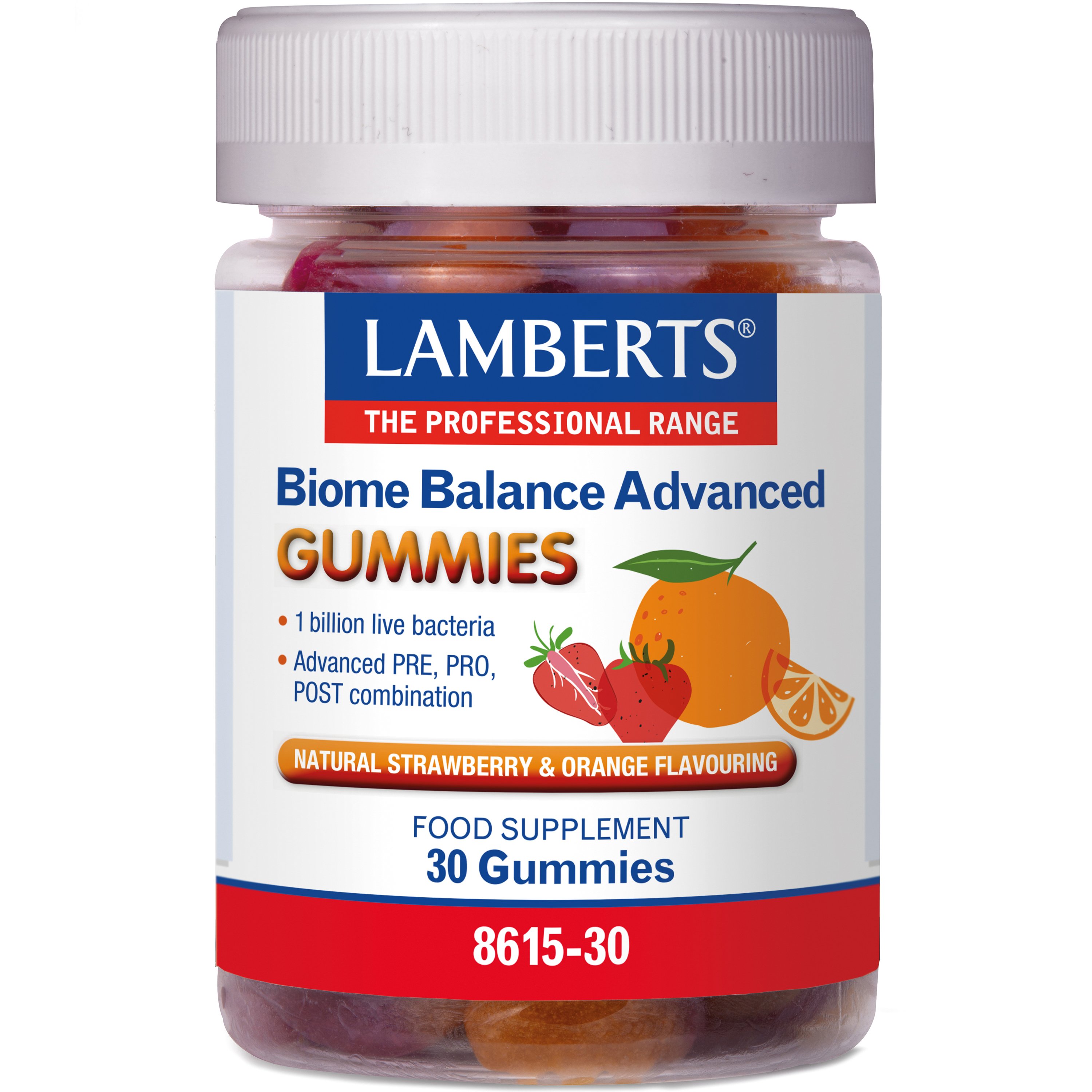 Lamberts Lamberts Biome Balance Advanced Gummies Συμπλήρωμα Διατροφής Προηγμένης Φόρμουλας Προ, Πρε & Μεταβιοτικών Στελεχών για την Ενίσχυση & Υποστήριξη του Μικροβιώματος του Εντέρου με Γεύση Φράουλα & Πορτοκάλι 30 Ζελεδάκια