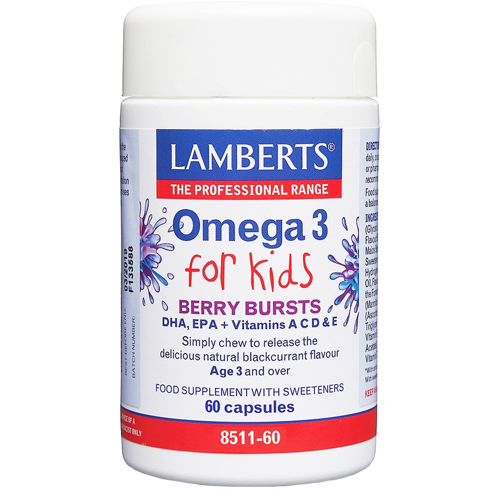 Lamberts Lamberts Omega 3 for Kids Berry Bursts Συμπλήρωμα Διατροφής για Παιδιά από 3 Ετών με Ω3 & Βιταμίνες για τη Σωστή Ανάπτυξη του Εγκεφάλου σε Μασώμενη Κάψουλα με Γεύση Φραγκοστάφυλο 60caps