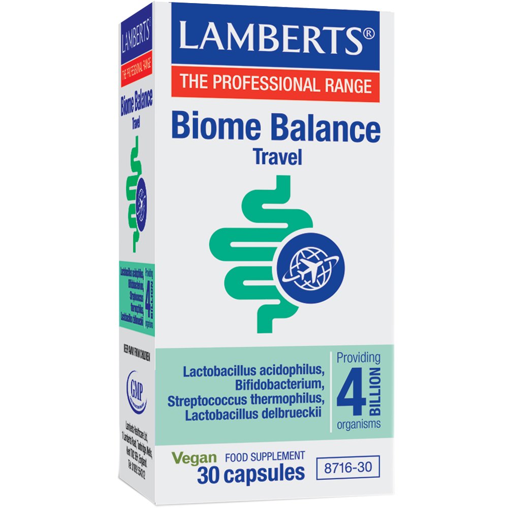 Lamberts Biome Travel Συμπλήρωμα Διατροφής Προβιοτικών για Αποκατάσταση της Εντερικής Χλωρίδας & Ισορροπίας Κατά τη Διάρκεια Ταξιδιού 30caps