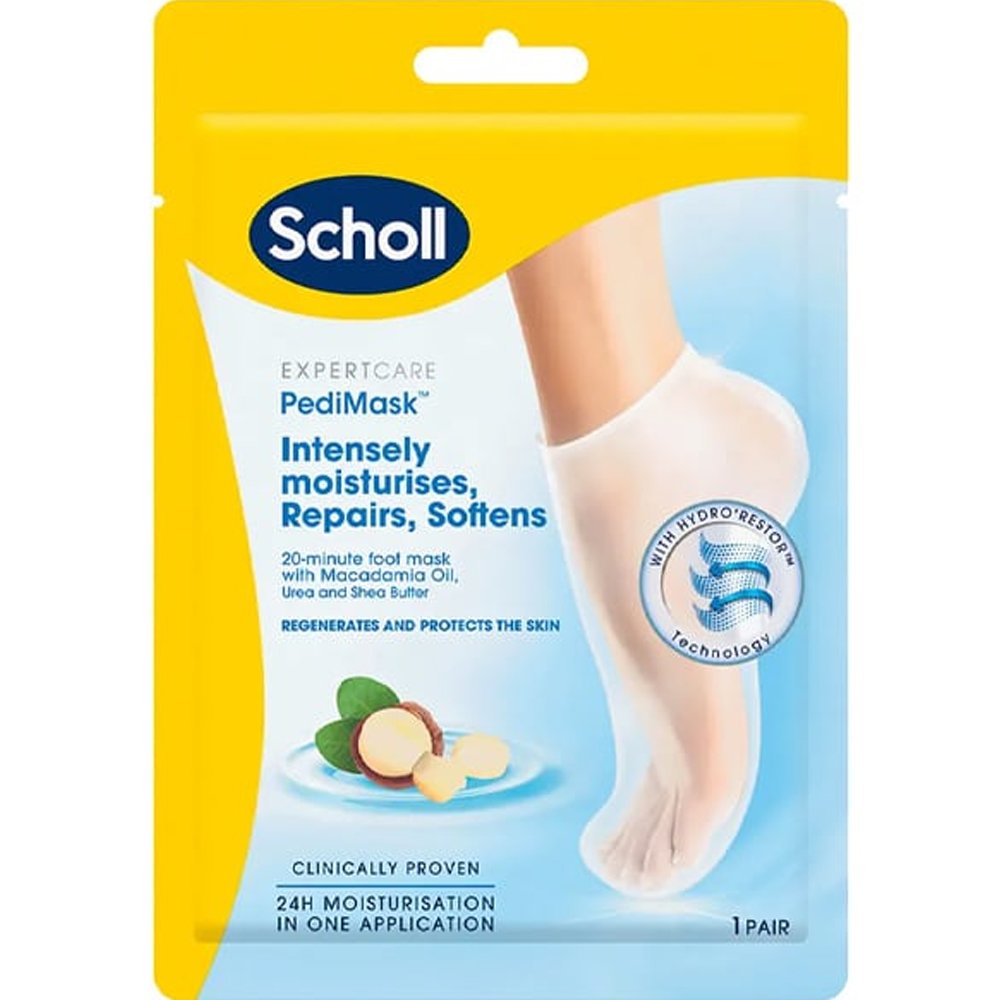 Scholl Scholl Expert Care Nourish PediMask Μάσκα Εντατικής Ενυδάτωσης που Μαλακώνει & Θρέφει τα Πόδια με Έλαιο Μακαντάμια, Ουρία & Βούτυρο Καριτέ 1 Ζευγάρι