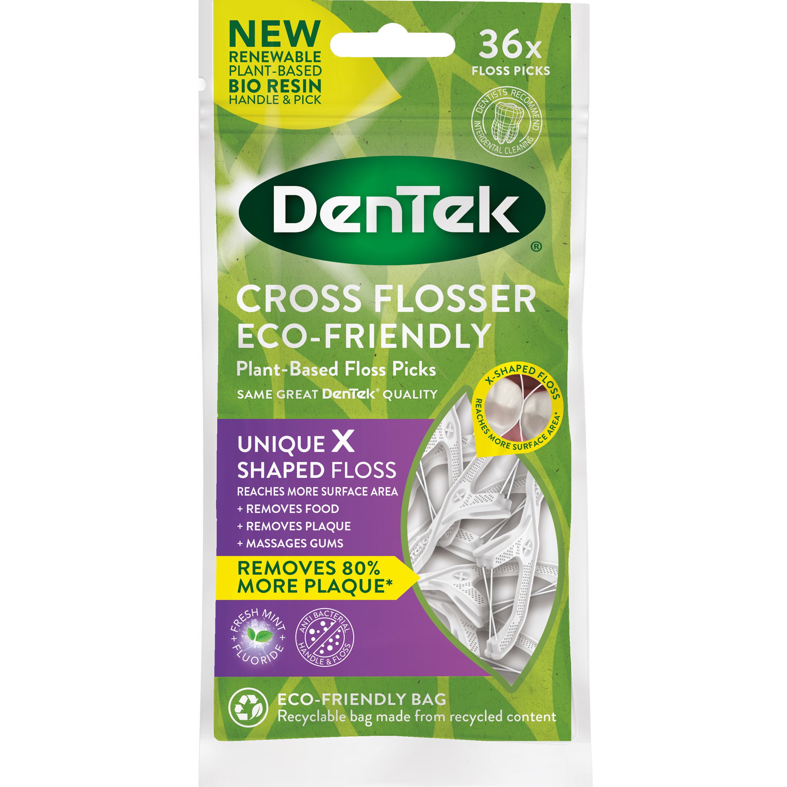 Dentek Cross Flosser Plant-Based Unique X Shaped Floss Picks Οδοντογλυφίδα με Οδοντικό Νήμα σε Σχήμα Χ για την Απομάκρυνση Περισσότερης Οδοντικής Πλάκας 36 Τεμάχια