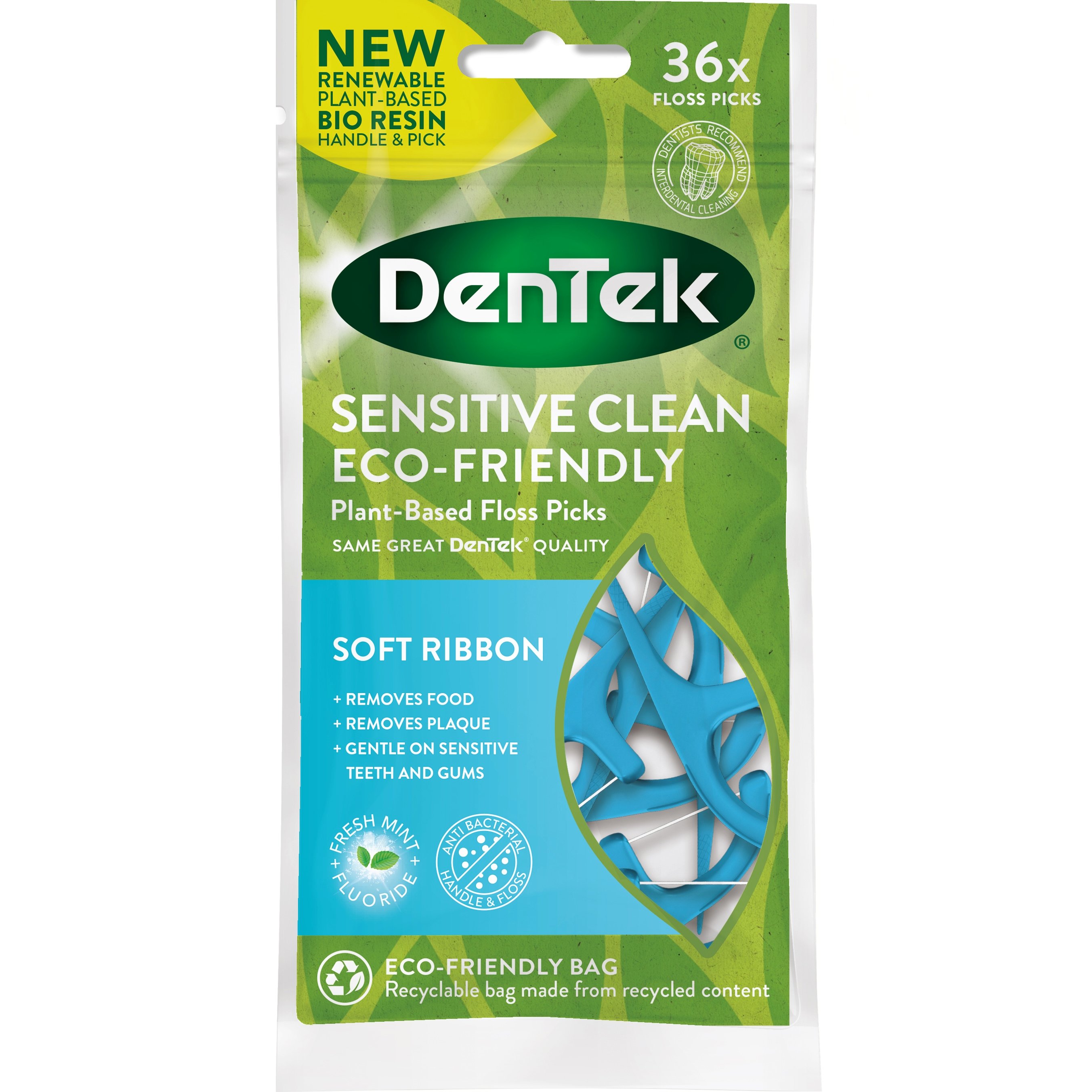 Dentek Dentek Sensitive Clean Plant-Based Floss Soft Ribbon Picks Κυρτή Οδοντογλυφίδα με Οδοντικό Νήμα Ιδανική & για Καθαρισμό Γλώσσας 36 Τεμάχια