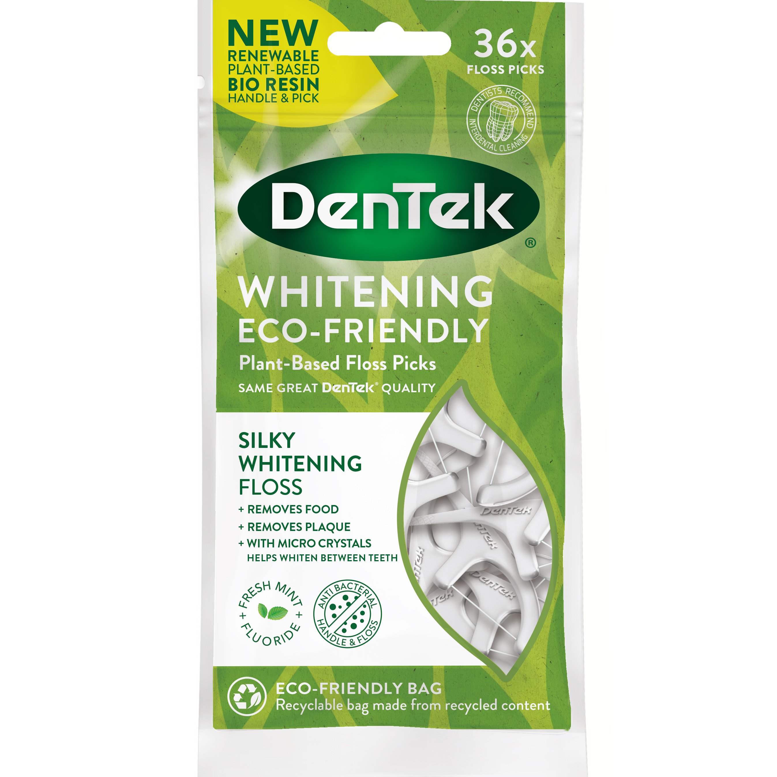 Dentek Whitening Plant-Based Silky Floss Picks Οδοντογλυφίδα με Οδοντικό Νήμα με Λευκαντικές Ιδιότητες Ιδανική & για Καθαρισμό Γλώσσας 36 Τεμάχια