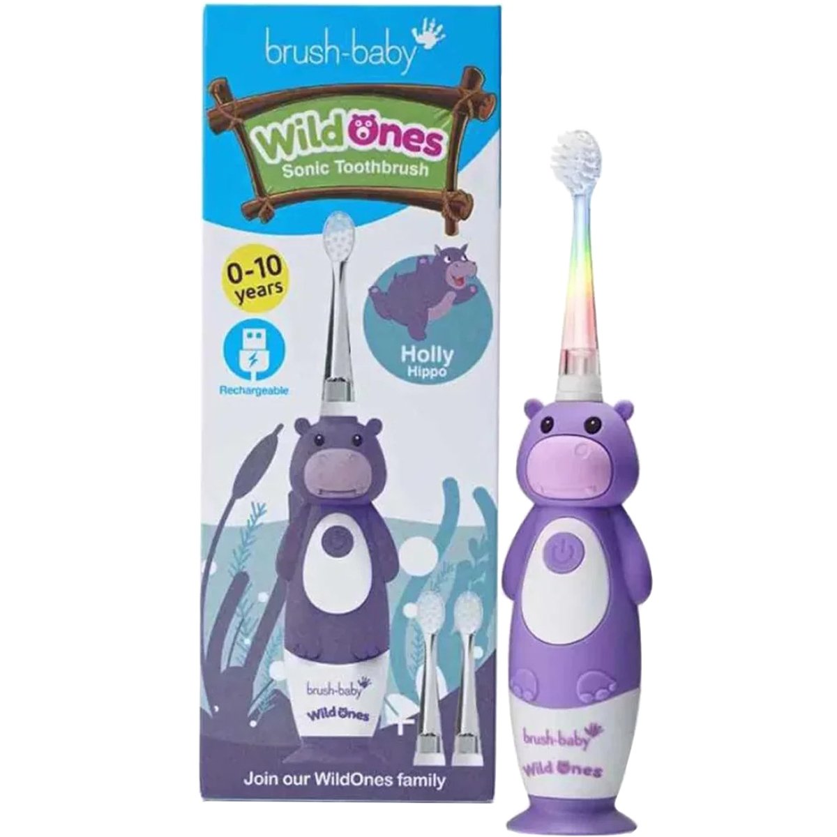 Brush-Baby Brush-Baby WildOnes Hippo Kids Electric Rechargeable Toothbrush 1-10 Years Παιδική Επαναφορτιζόμενη Ηλεκτρική Οδοντόβουρτσα 1 Τεμάχιο