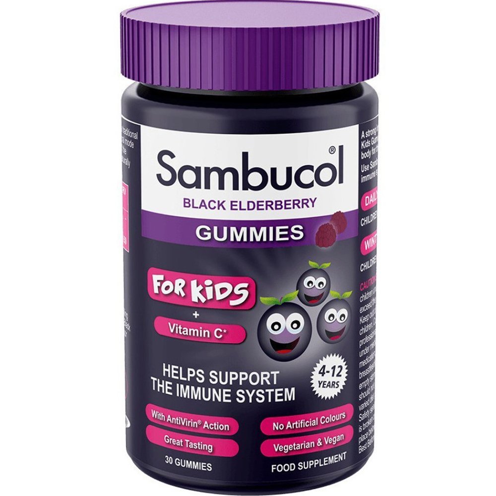 Sambucol Black Elderberry Kids + Vitamin C Immune Support Συμπλήρωμα Διατροφής Εκχυλίσματος Σαμπούκου & Βιταμίνης C για Ενίσχυση του Ανοσοποιητικού σε Παιδιά από 4 Ετών με Γεύση Σμέουρου 30 Ζελεδάκια