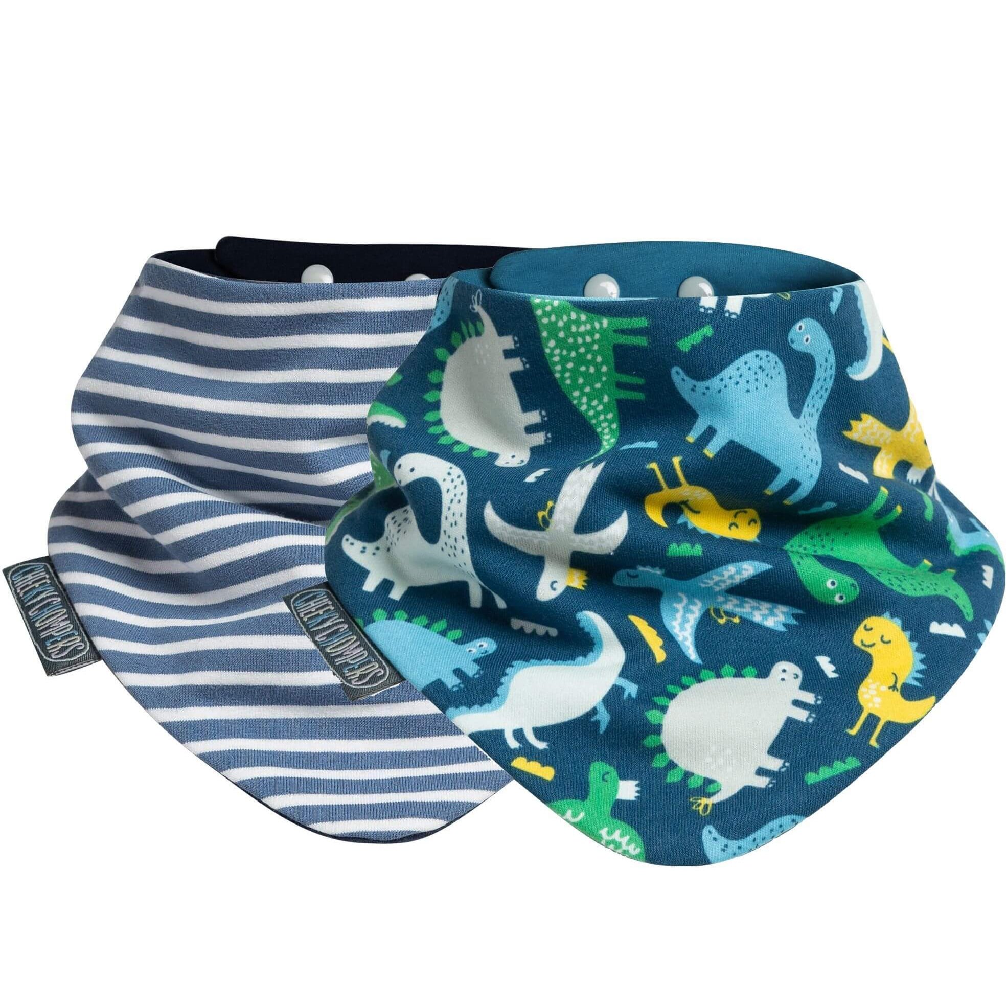 Cheeky Chompers Neckerbib 2m+ Υφασμάτινη Σαλιάρα Διπλής Όψεως με Ρυθμιζόμενο Κουμπί 2 Τεμάχια, Κωδ 88788 – Dino & Stripes