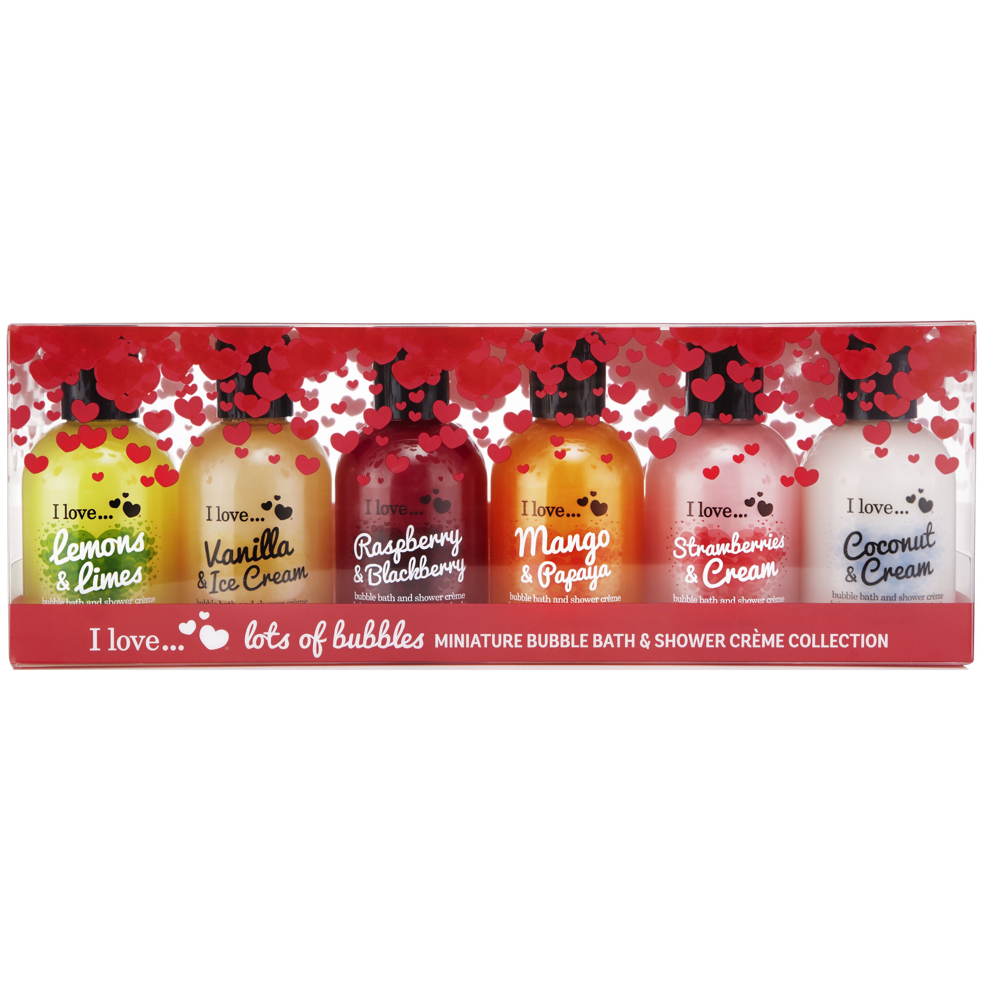 I love…Bath & Shower Coconut-Cream,Strawberries-Cream,Mango-Papaya,Raspberry-Blackberry,Vanilla-Ice Cream,Lemons-Limes 6x100ml