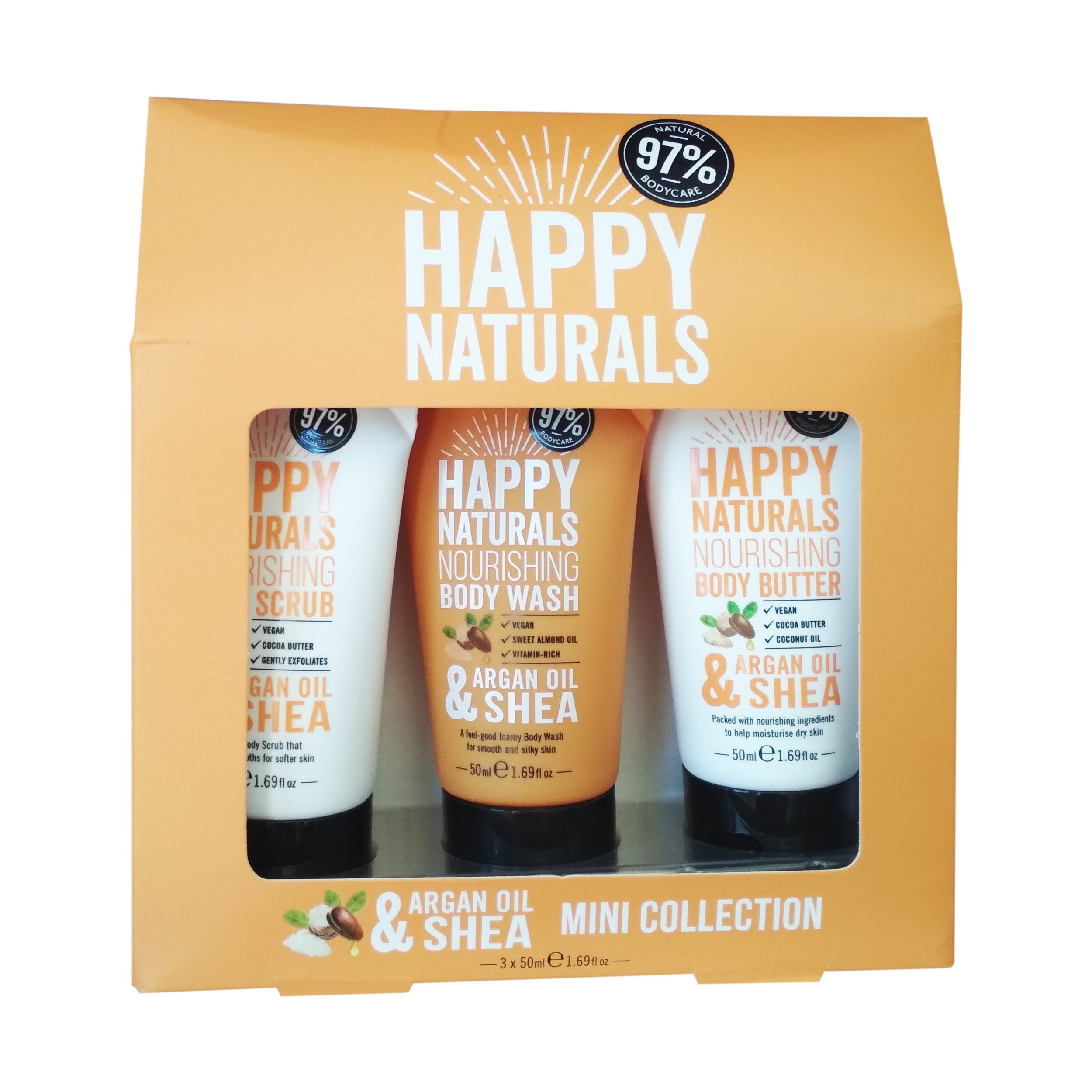 Happy Naturals Argan Oil & Shea Mini Collection, Συσκευασία Δώρου 3 Mini Προϊόντων Περιποίησης Σώματος 3x50ml