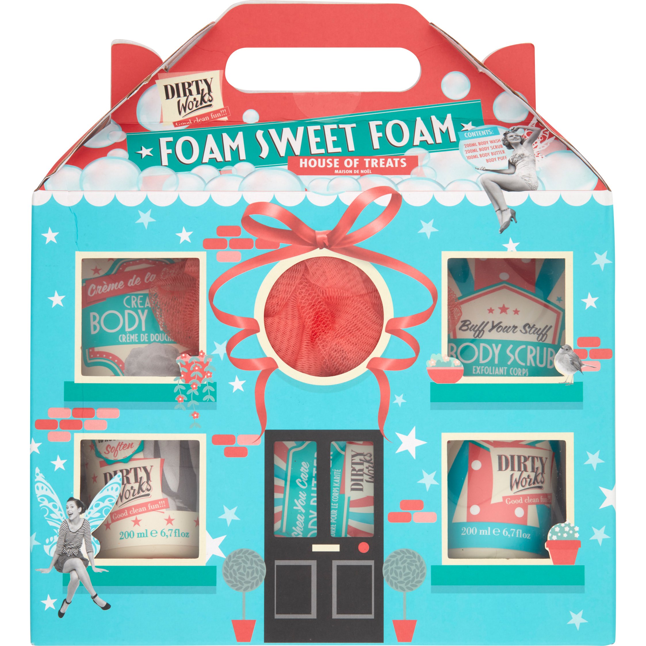 Dirty Works Foam Sweet Foam, Body Wash Αφρόλουτρο 200ml, Body Butter Κρέμα Σώματος 100ml, Body Scrub 200ml & Σφουγγάρι Μπάνιου