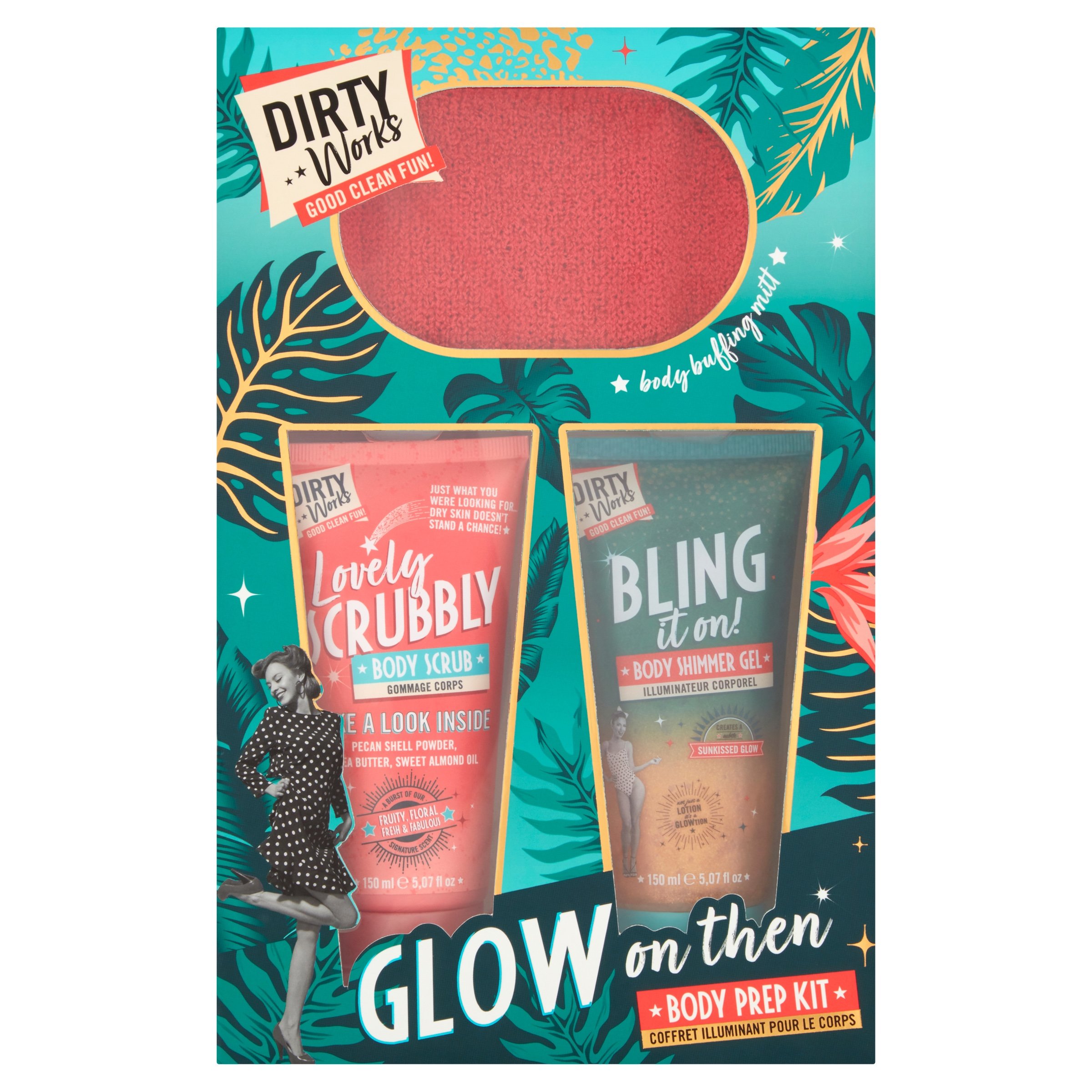 Dirty Works Glow On Then Body Prer Kit Lovely Scrubbly Body Scrub 150ml & Bring it On Body Shimmer Gel 150ml & Body Buffing Mitt