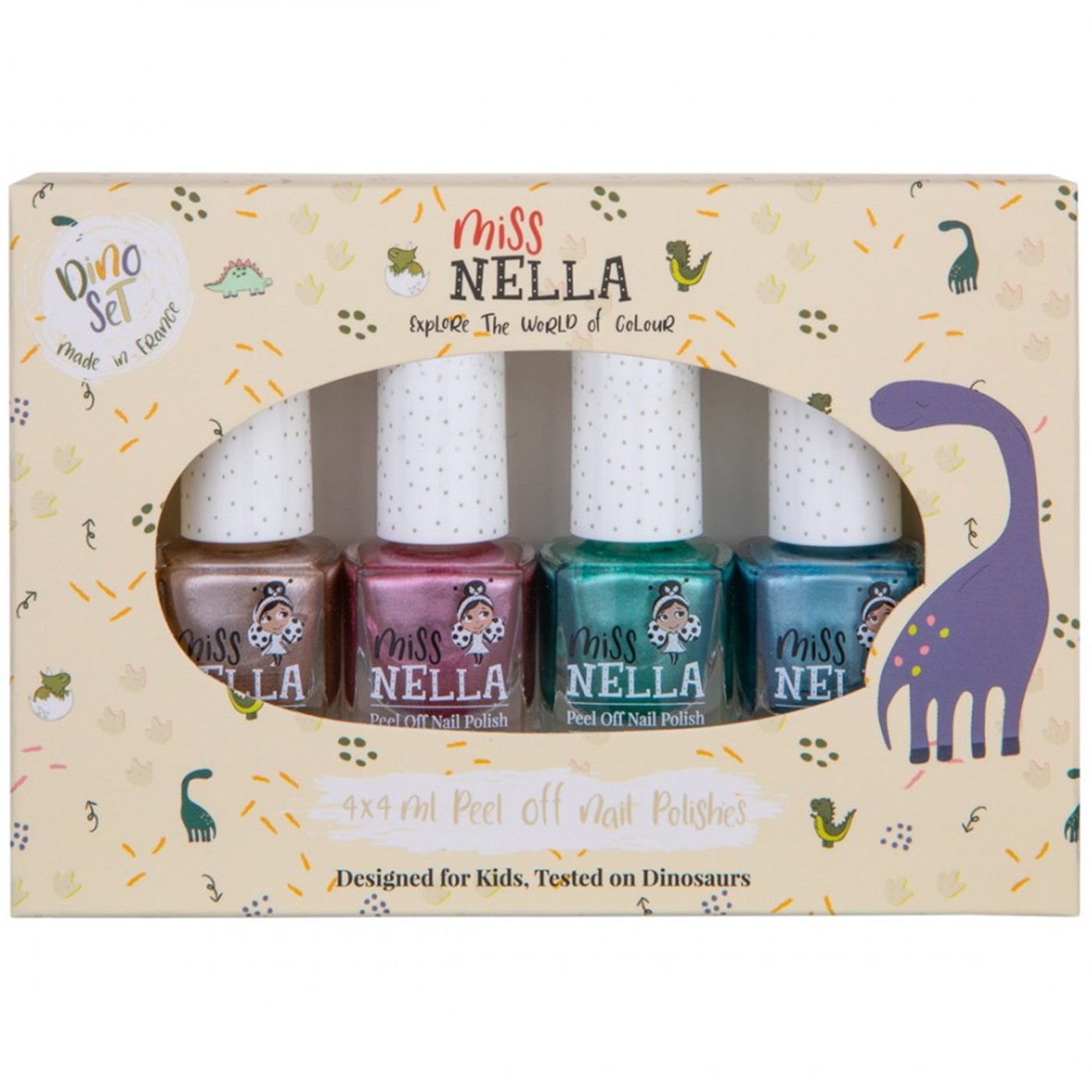 Miss Nella Promo Dino Set Peel Off Nail Polishes Κωδ 76632 Παιδικά, μη Τοξικά Βερνίκια Glitter Νυχιών με Βάση το Νερό 4x4ml