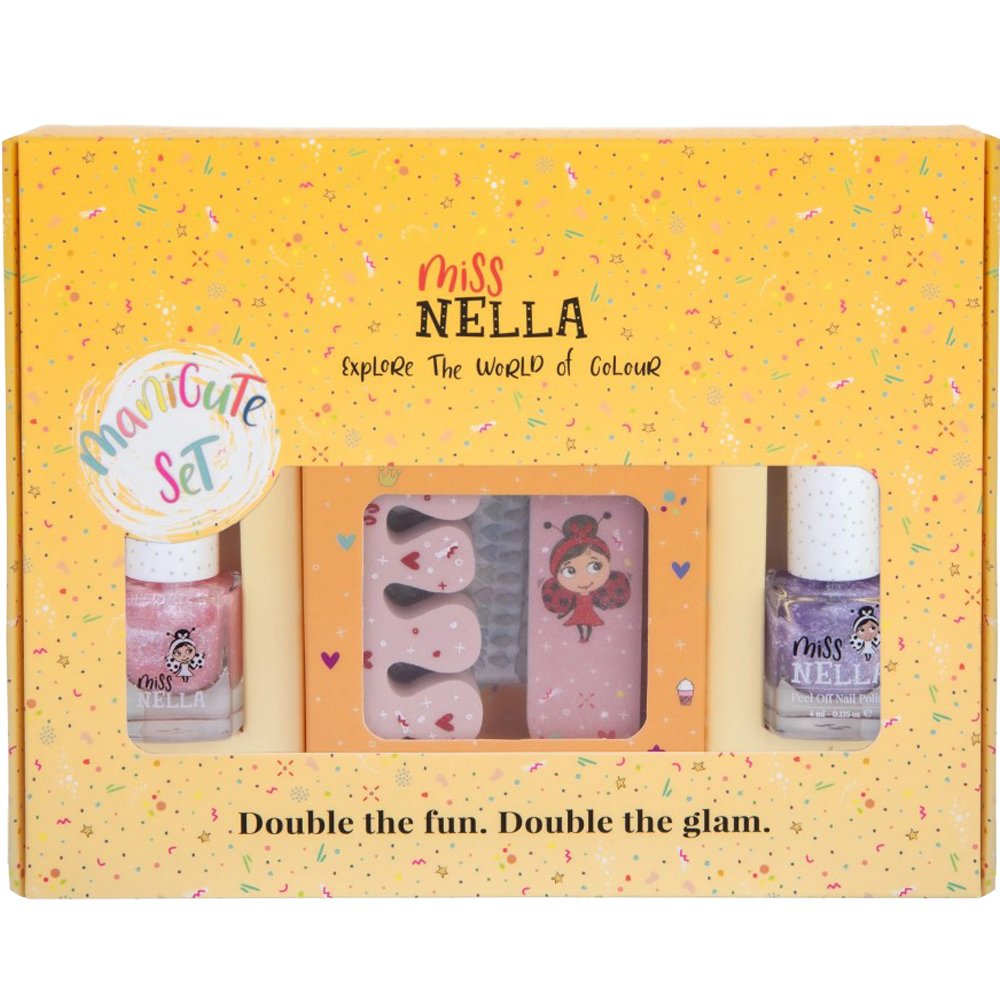 Miss Nella Glitter Manicute Set, 8ml (2x4ml) Nail Polish & Accessories Set Κιτ με 2 Μη Τοξικά Βερνίκια Νυχιών σε Διαφορετικές Αποχρώσεις & Σετ Αξεσουάρ Περιποίησης 1 Τεμάχιο