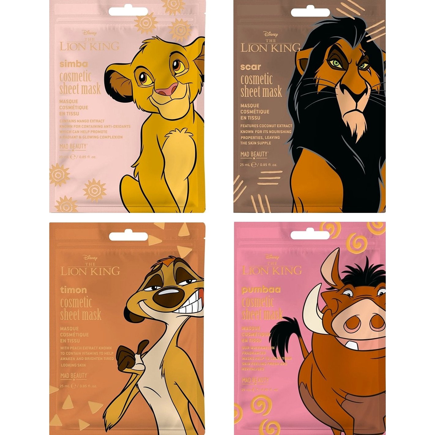 Mad Beauty Disney The Lion King Cosmetic Sheet Mask Collection Μάσκες Αναζωογόνησης Προσώπου με Εκχυλίσματα Φρούτων Εμπνευσμένες Από τους Χαρακτήρες της Ταινίας Disney The Lion King Κωδ 99663, 4 Τεμάχια