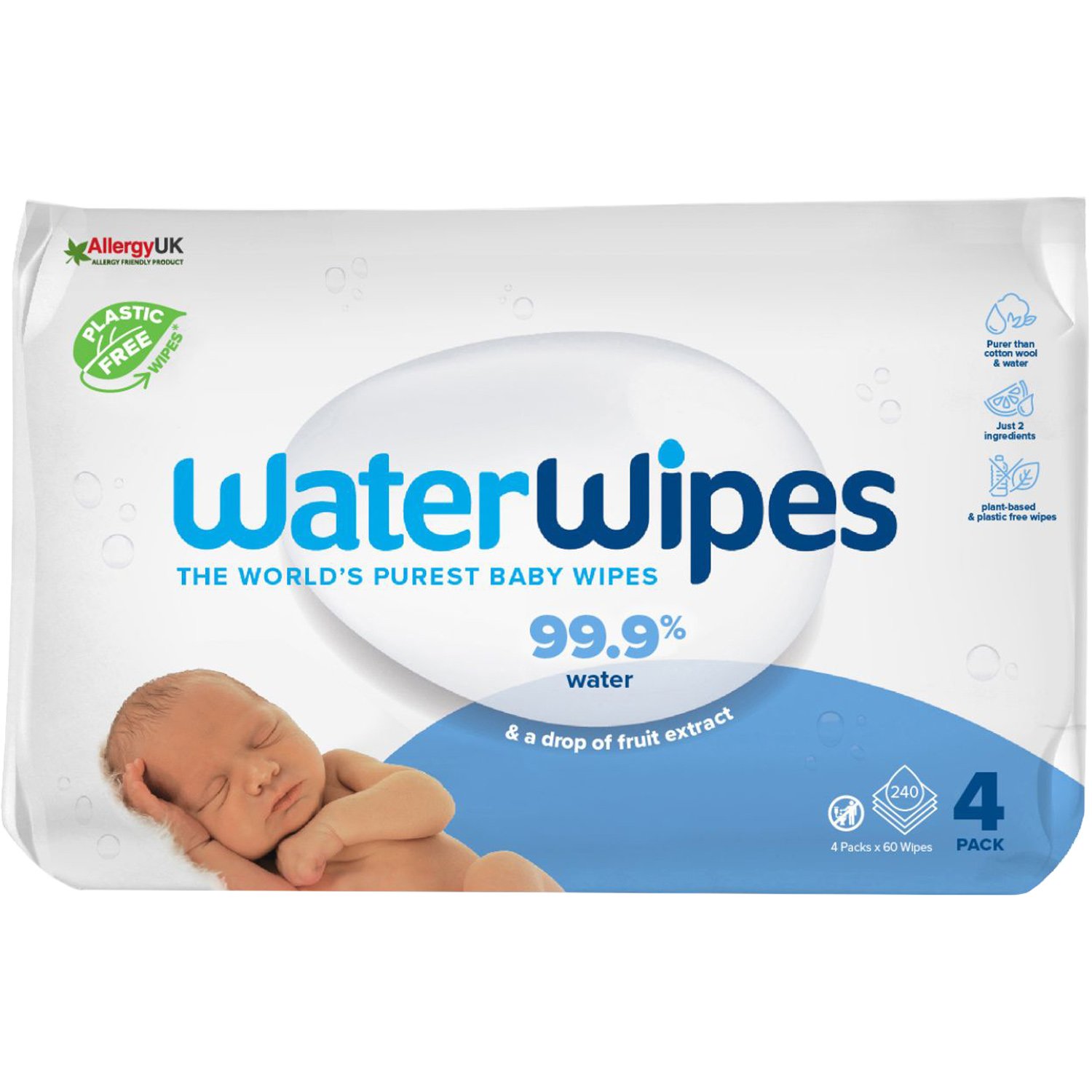 WaterWipes WaterWipes Baby Wipes 0m+ Άοσμα Μωρομάντηλα Καθαρισμού με 99.9% Νερό & 0.01% Εκχύλισμα από Σπόρους Γρκέιπφρουτ 240 Τεμάχια (4x60 Τεμάχια)