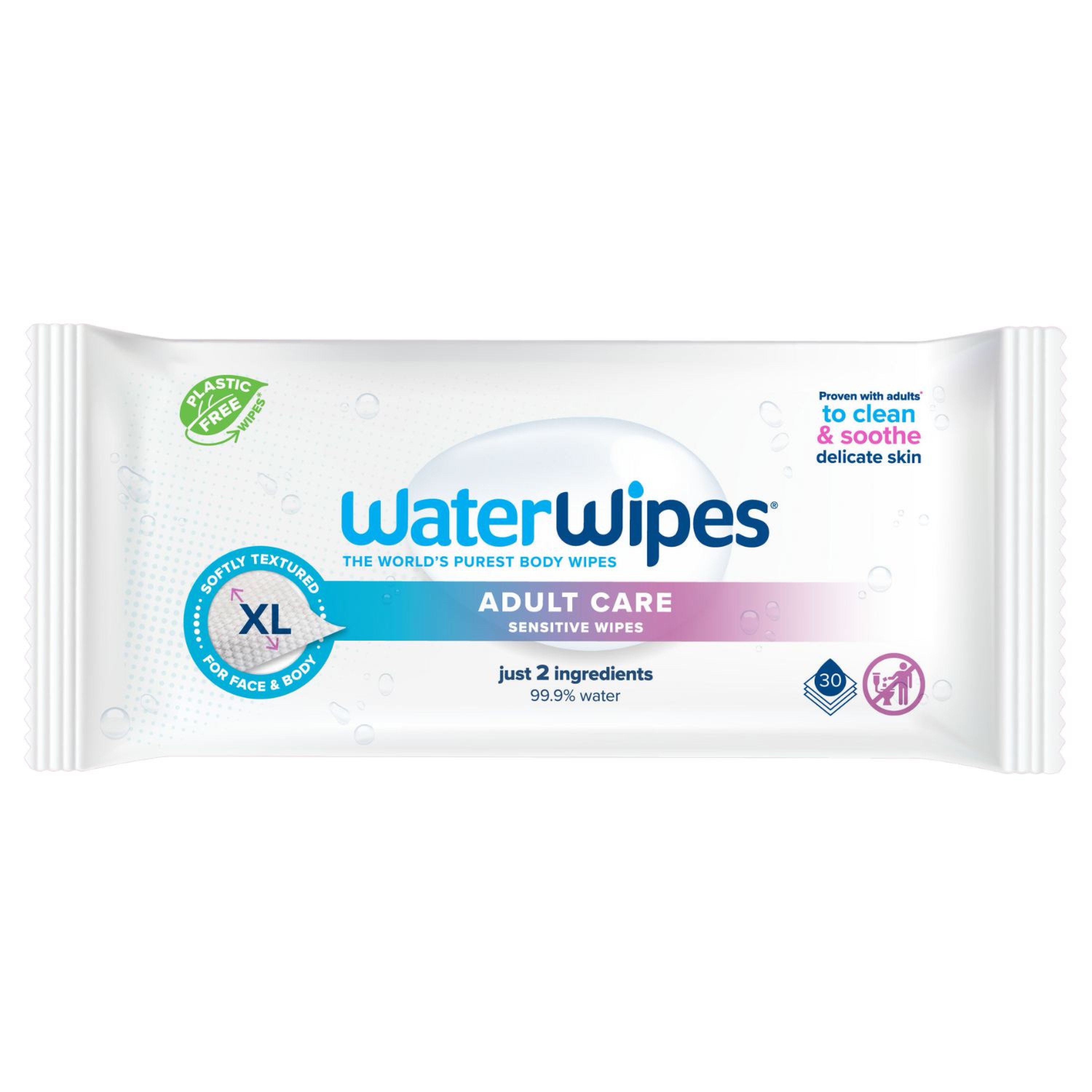 WaterWipes WaterWipes Adult Care Sensitive Wipes XL Μαντηλάκια Καθαρισμού Ενηλίκων Χωρίς Πλαστικό από 100% Φυτικές Ίνες & Νερό με μία Σταγόνα Εκχυλίσματος Σπόρων Grapefruit 30 Μαντηλάκια