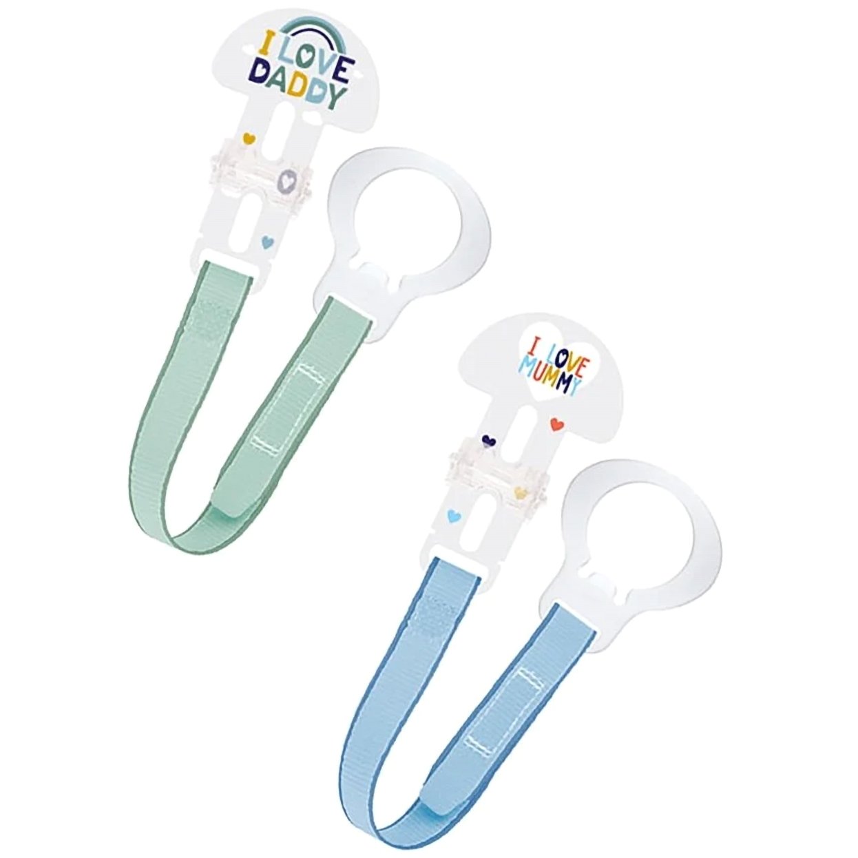 Mam Clip Set I Love Mummy & Daddy Κορδέλα Στήριξης Πιπίλας 0m+, 2 Τεμάχια, Κωδ 312 – Μπλε / Πράσινο