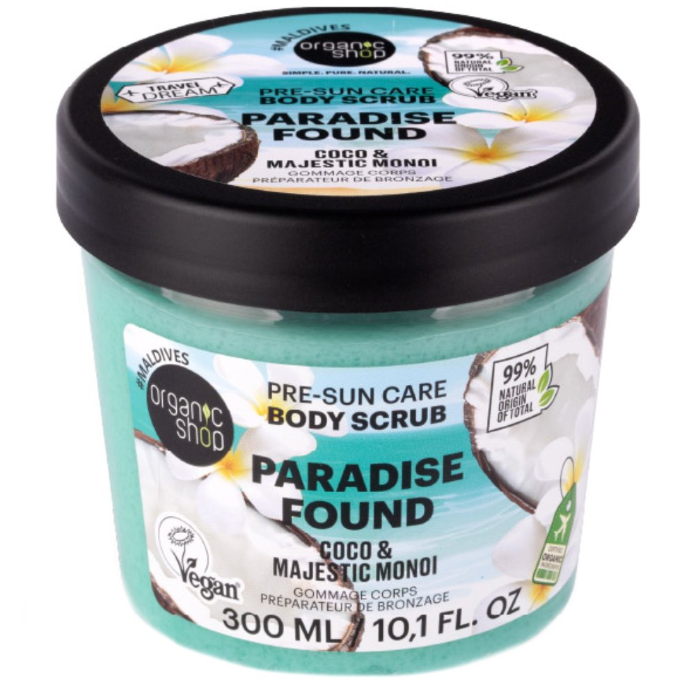 Organic Shop Pre-Sun Care Paradise Found Coco & Majestic Monoi Body Scrub Ενυδατικό Απολεπιστικό Σώματος με Εξωτικό Άρωμα Καρύδας & Monoi 300ml