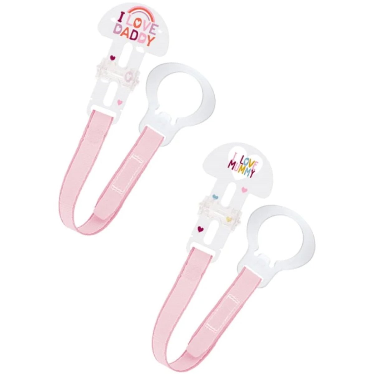 Mam Clip Set I Love Mummy & Daddy Κορδέλα Στήριξης Πιπίλας 0m+, 2 Τεμάχια, Κωδ 312 – Ροζ / Ροζ