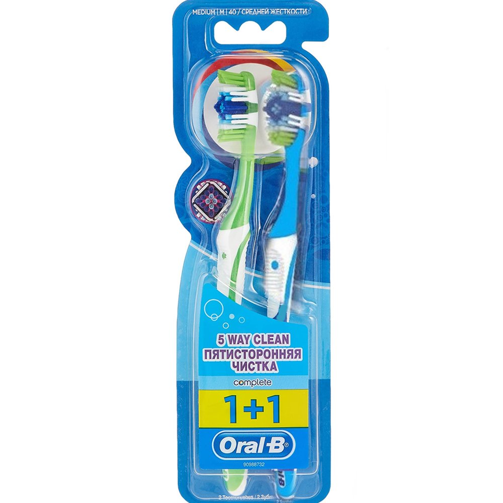 Oral-B Complete 5 Way Clean Medium Toothbrush 40mm Πράσινο – Γαλάζιο Οδοντόβουρτσα με Μεσαίας Σκληρότητας Ίνες για Βαθύ Καθαρισμό 2 Τεμάχια