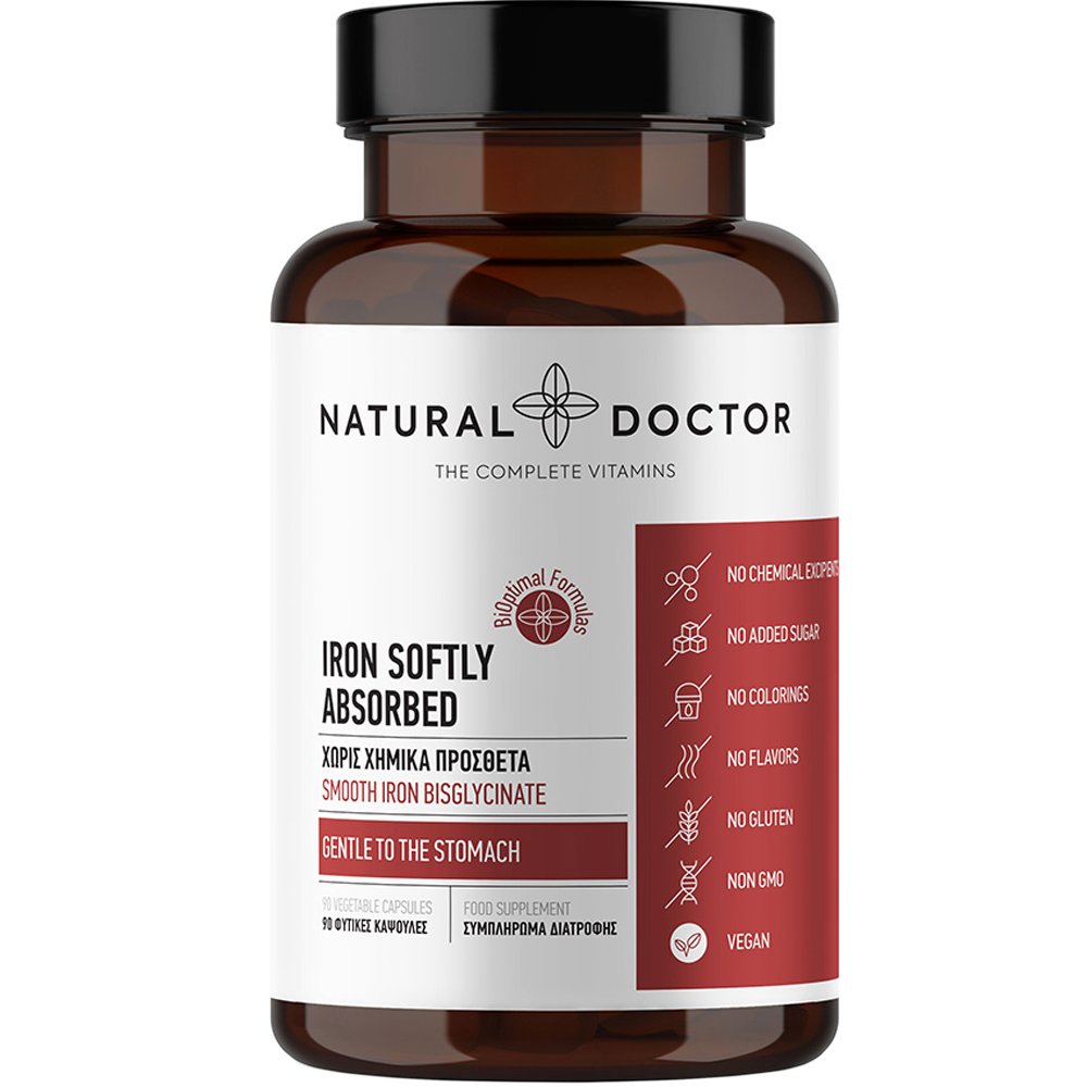 Natural Doctor Iron Softly Absorbed Συμπλήρωμα Διατροφής με Διγλυκινικό Σίδηρο Ήπιο στο Στομάχι για Κάλυψη Ελλείψεων & Ενέργεια Κατά της Κούρασης & Κόπωσης 90veg.caps