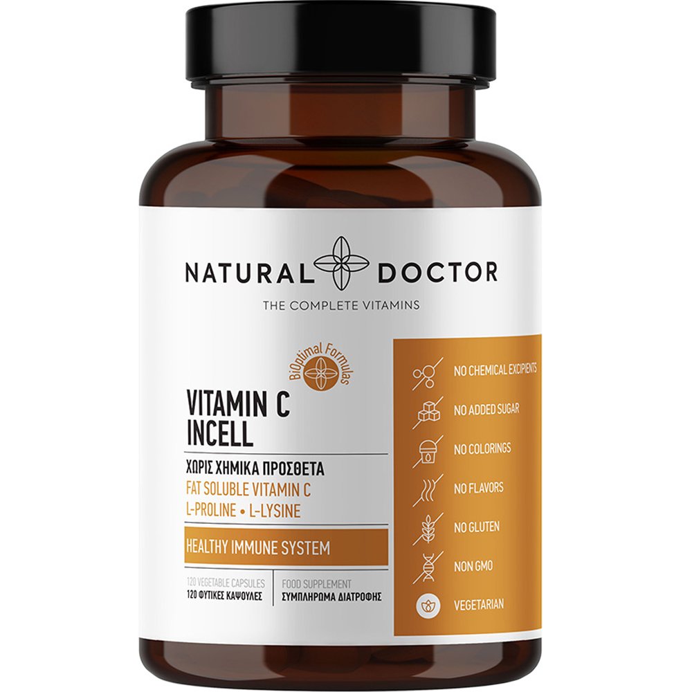 Natural Doctor Vitamin C Incell Συμπλήρωμα Διατροφής Βιταμίνης C & Αμινοξέων για την Ενίσχυση του Ανοσοποιητικού & το Φυσιολογικό Σχηματισμό του Κολλαγόνου 120veg.caps