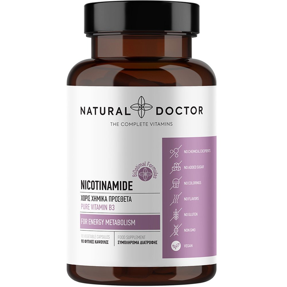 Natural Doctor Nicotinamide Συμπλήρωμα Διατροφής Βιταμίνης B3 ως Νικοτιναμίδιο για Υποστήριξη του Μεταβολισμού των Υδατανθράκων & των Λιπών, Καλή Υγεία του Νευρικού Συστήματος & Μείωση Λιπαρότητας σε Περιπτώσεις Ακμής 90veg.caps