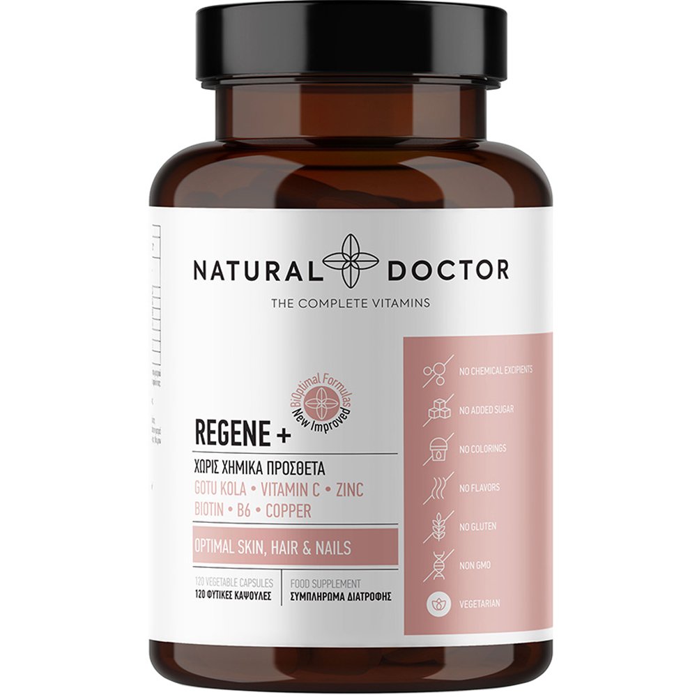 Natural Doctor Regene+ Συμπλήρωμα Διατροφής Εκχυλίσματος Ασιατικής Σεντέλας, Κυστεΐνης, Βιταμινών & Μετάλλων για τη Διατήρηση της Φυσιολογικής Κατάστασης του Δέρματος, των Μαλλιών & των Νυχιών 120veg.caps