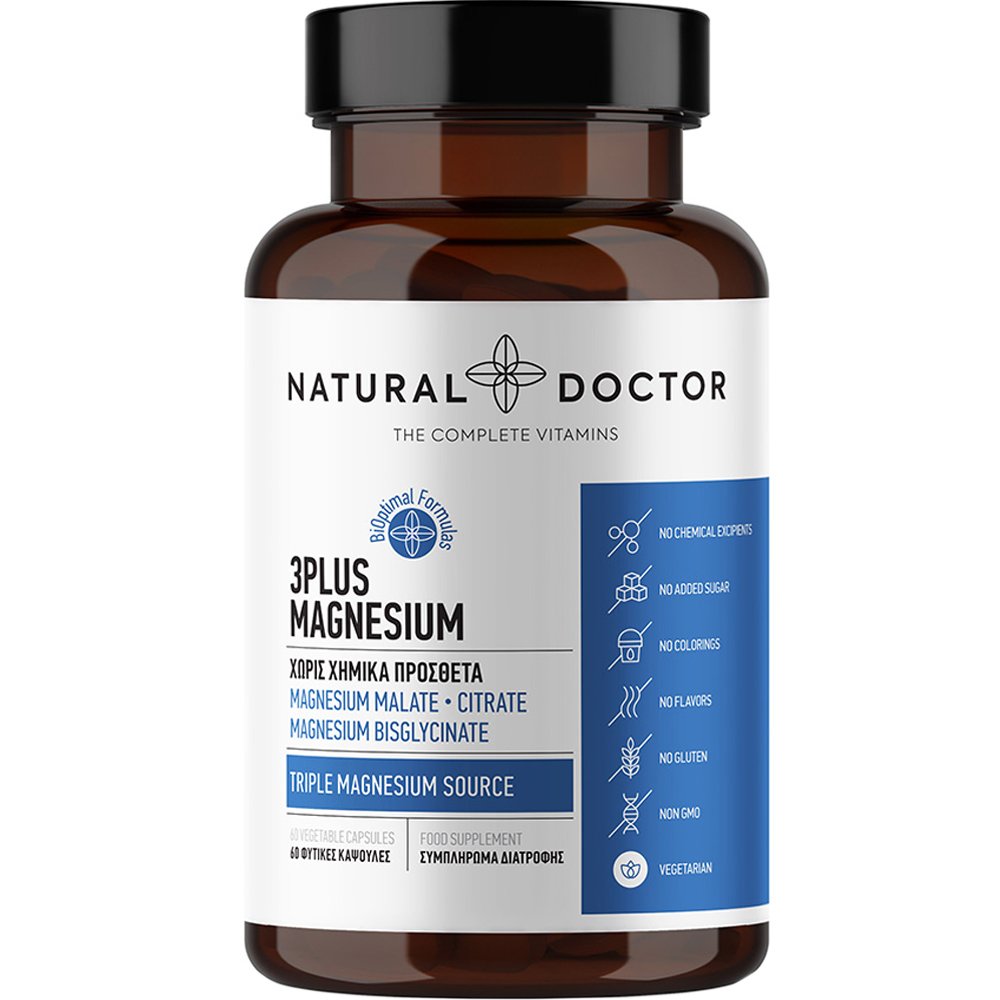 Natural Doctor 3Plus Magnesium Συμπλήρωμα Διατροφής Μαγνησίου 3 Μορφών για την Καλή Λειτουργία του Νευρικού, Μυϊκού Συστήματος & Αντιμετώπιση του Άγχους 60veg.caps