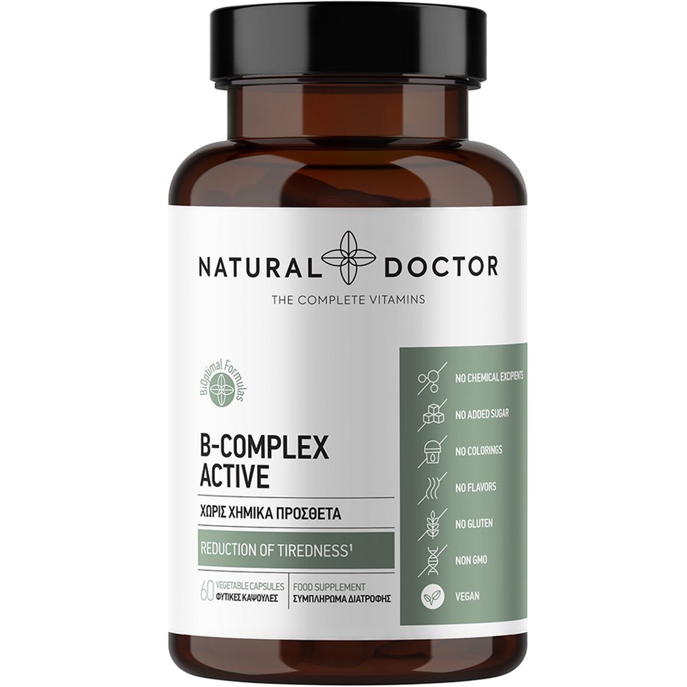 Natural Doctor B-Complex Active Συμπλήρωμα Διατροφής Συμπλέγματος Βιταμινών Β για την Καλή Λειτουργία του Νευρικού Συστήματος, Κατά της Κούρασης & Κόπωσης για Αυξημένη Νοητική Επίδοση 60veg.caps