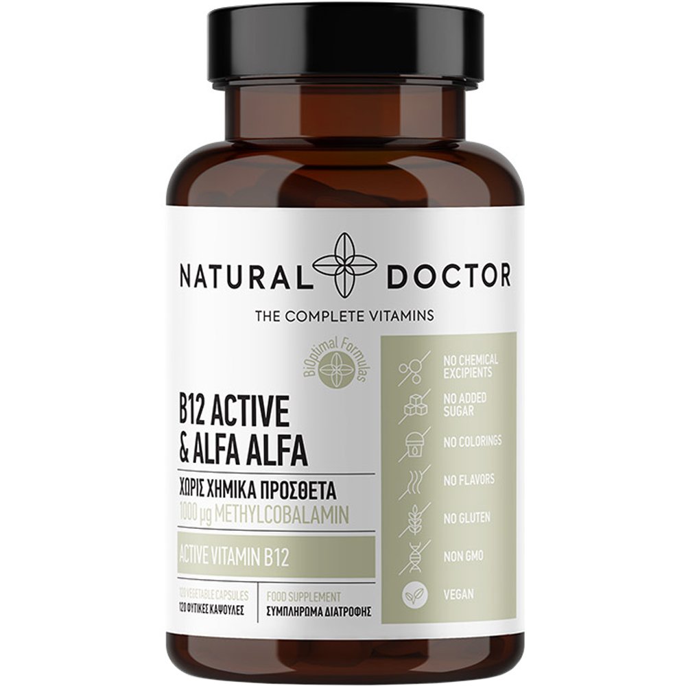 Natural Doctor B12 Active & Alfa Alfa Συμπλήρωμα Διατροφής Βιταμίνης Β12 & Σκόνης Μηδικής για τη Καλή Λειτουργία του Νευρικού Συστήματος Κατά της Κόπωσης & της Εξάντλησης 120veg.caps