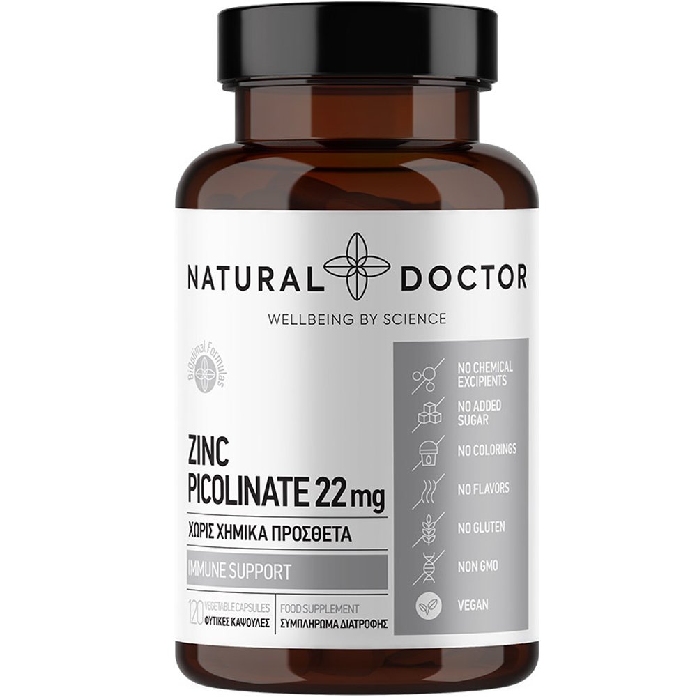 Natural Doctor Zinc Picolinate Συμπλήρωμα Διατροφής με Πικολινικό Ψευδάργυρο για τη Καλή Λειτουργία του Ανοσοποιητικού & Διατήρηση της Φυσιολογικής Κατάστασης των Οστών, Μαλλιών, Νυχιών & του Δέρματος 120veg.caps