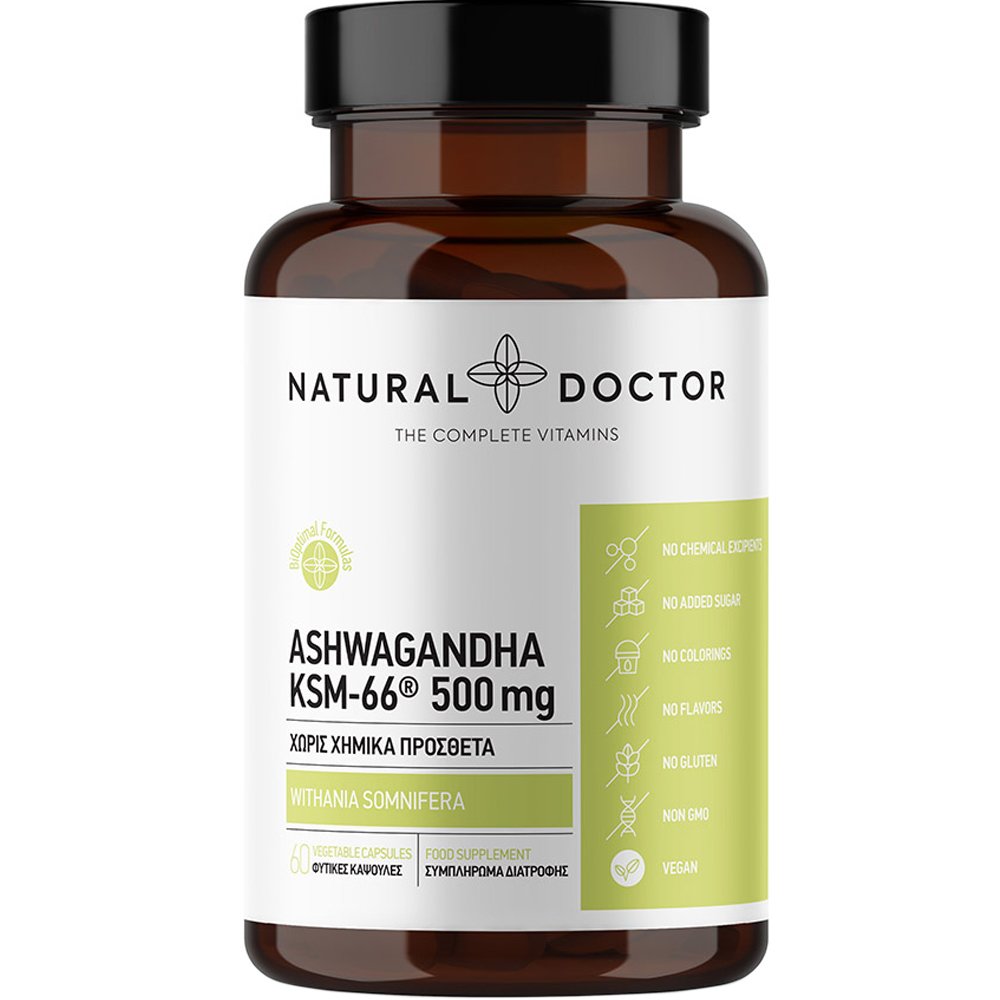 Natural Doctor Ashwagandha KSM-66 500mg Συμπλήρωμα Διατροφής με Εκχύλισμα Ρίζας Βιθάνιας KSM-66 για Αντιμετώπιση Άγχους & Στρες, Βελτίωση Ύπνου & Ενέργεια 60veg.caps