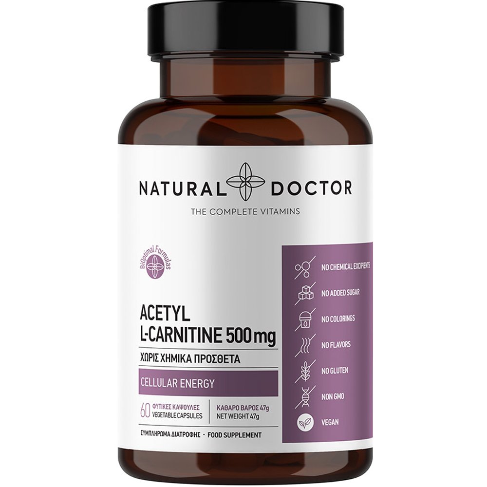 Natural Doctor Acetyl L-Carnitine 500mg Συμπλήρωμα Διατροφής Αμινοξέος Ακετυλο-L-καρνιτίνης για Ενέργεια, με Αντιοξειδωτική Δράση & Υποστήριξη της Εγκεφαλικής Λειτουργίας 60veg.caps