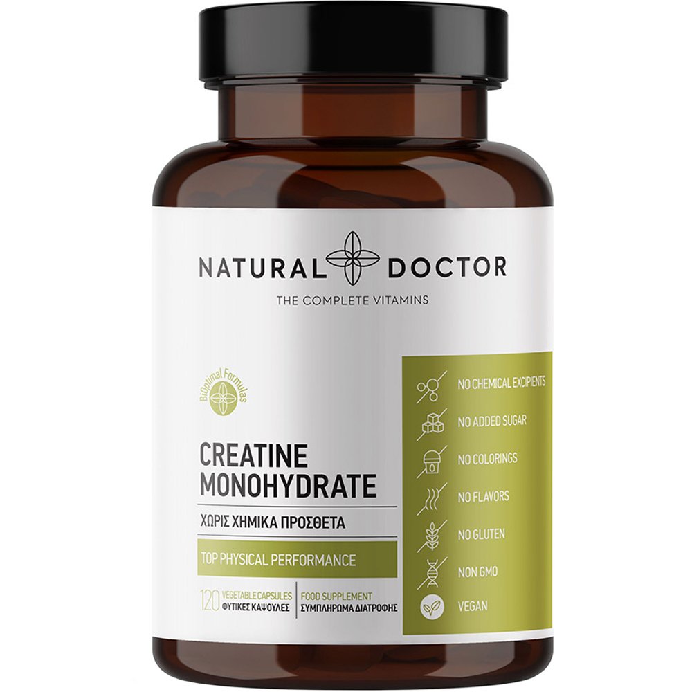 Natural Doctor Creatine Monohydrate Συμπλήρωμα Διατροφής Μονοϋδρικής Κρεατίνης για Αύξηση Σωματικής Επίδοσης σε Επαναλήψεις Ασκήσεων Μικρής Διάρκειας & Υψηλής Έντασης 120veg.caps