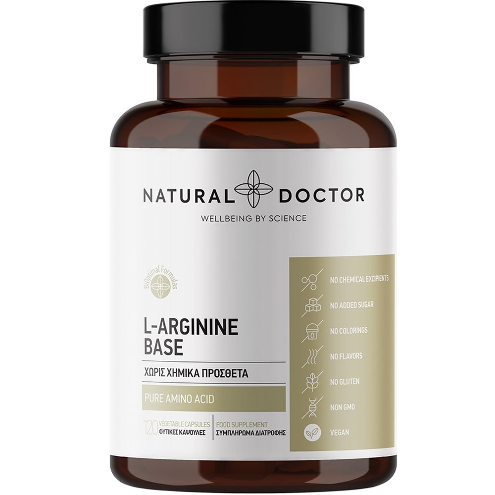 Natural Doctor L-Arginine Base Συμπλήρωμα Διατροφής Αμινοξέος Αργινίνης Ελεύθερης Μορφής για Βελτίωση της Κυκλοφορίας του Αίματος, Ενίσχυση Αθλητικής Απόδοσης & Μυϊκή Αποκατάσταση 120veg.caps