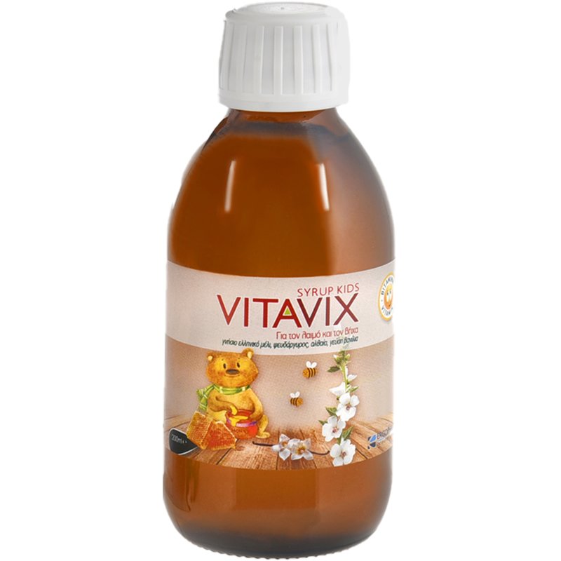 Ergopharm Vitavix For the Throat & Cough Kids Syrup Συμπλήρωμα Διατροφής σε Σιρόπι για Παιδιά από 3 Ετών με Εκχύλισμα Βοτάνων,Βιταμίνη C,Μέλι & Ψευδάργυρο για Αντιμετώπιση του Βήχα,Ενίσχυση του Ανοσοποιητικού & Καταπράυνση του Ερεθισμένου Λαιμού, Γεύση Βανίλια
