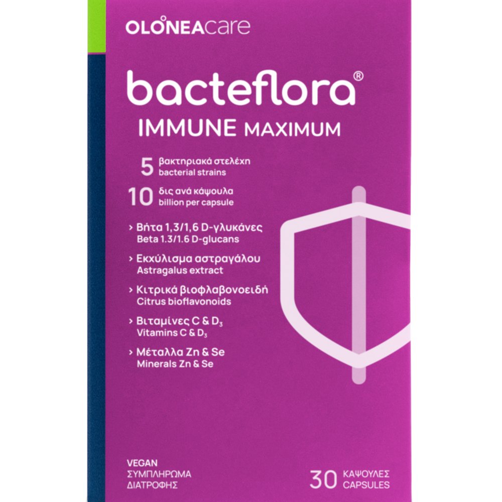 Olonea Bacteflora Immune Maximum Probiotics Συμπλήρωμα Διατροφής Προβιοτικών, Βιταμινών, Μετάλλων & Εκχυλίσματος Βοτάνων για την Τόνωση & Θωράκιση του Ανοσοποιητικού 30veg.caps