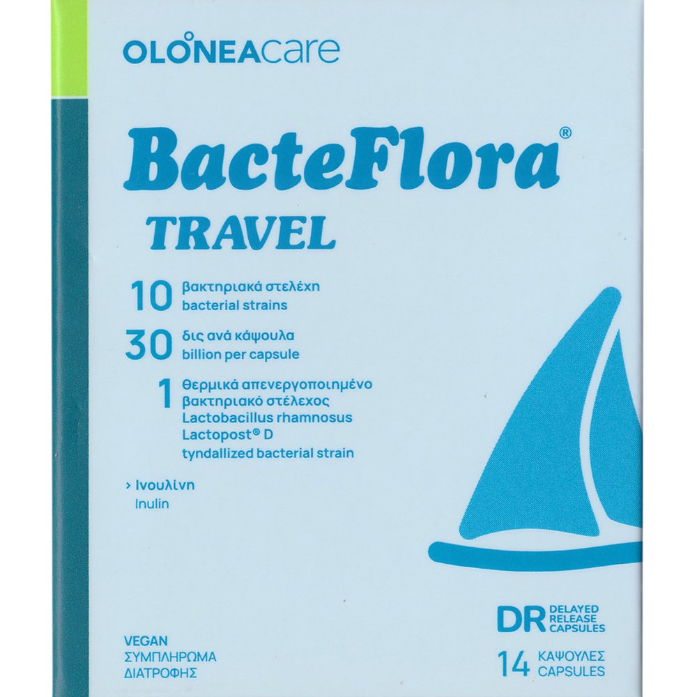 Olonea Olonea BacteFlora Travel Συμπλήρωμα Διατροφής 10 Προβιοτικών Στελεχών για την Αντιμετώπιση της Διάρροιας του Ταξιδιώτη 14caps