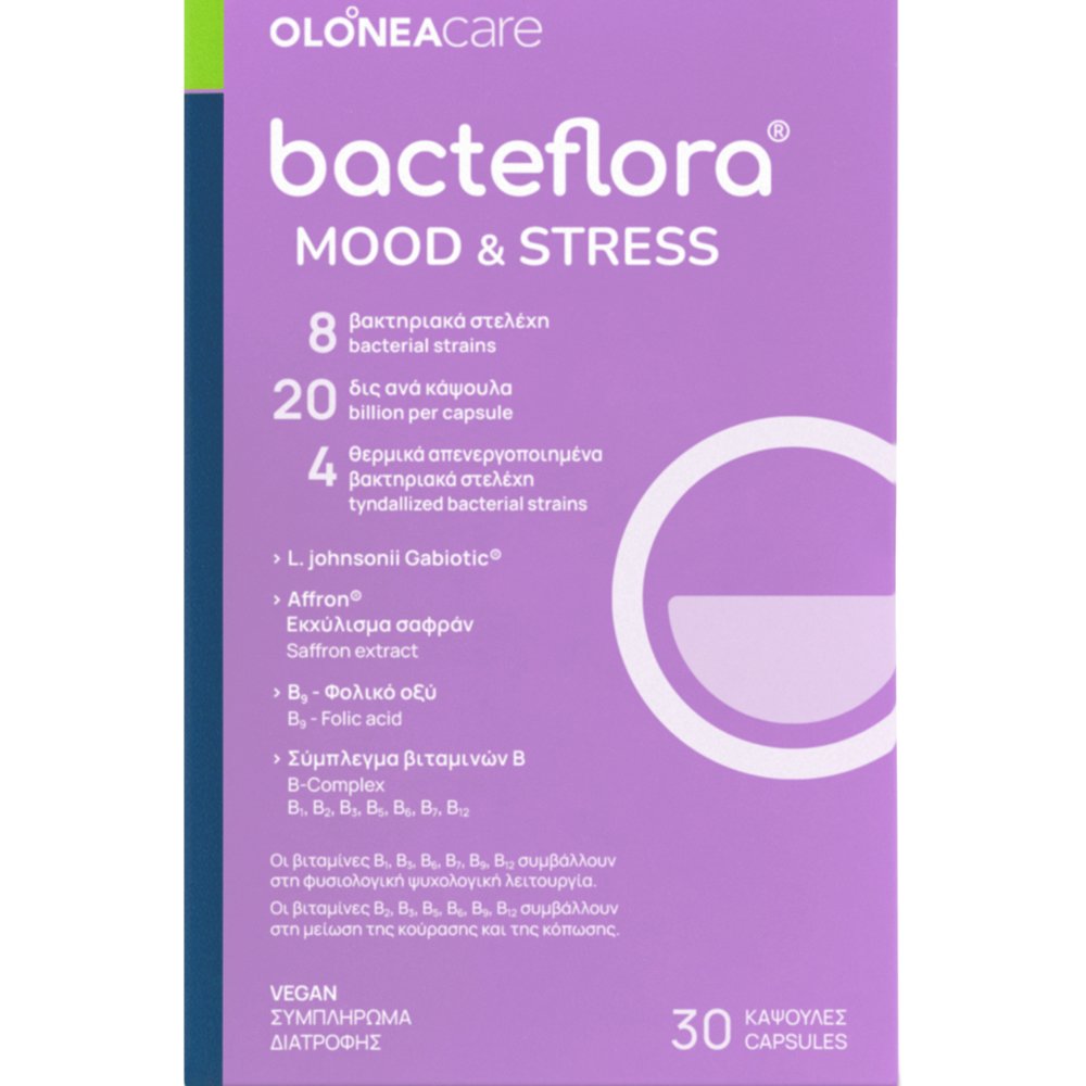 Olonea Olonea Bacteflora Mood & Stress Συμπλήρωμα Διατροφής με Ψυχοβιοτικά, Μεταβιοτικά, Εκχύλισμα Σαφράν & Βιταμίνες Συμπλέγματος Β για την Υποστήριξη της Συναισθηματικής Ισορροπίας & τη Μείωση του Άγχους 30caps