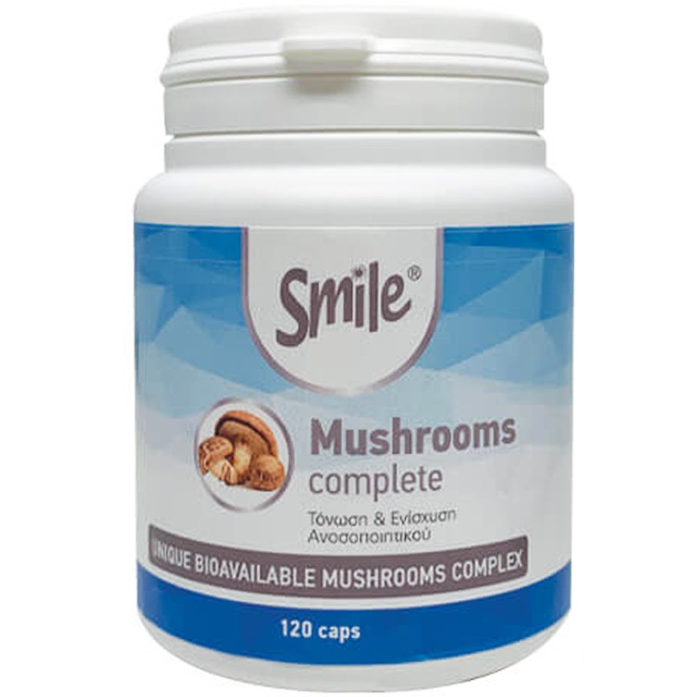 Smile Smile Mushrooms Complete Συμπλήρωμα Διατροφής Συνδυασμού Εκχυλίσματος Μανιταριών  για Ενίσχυση Ανοσοποιητικού, Βελτίωση Μνήμης & Συγκέντρωσης με Αποτοξινωτικές Ιδιότητες 120caps