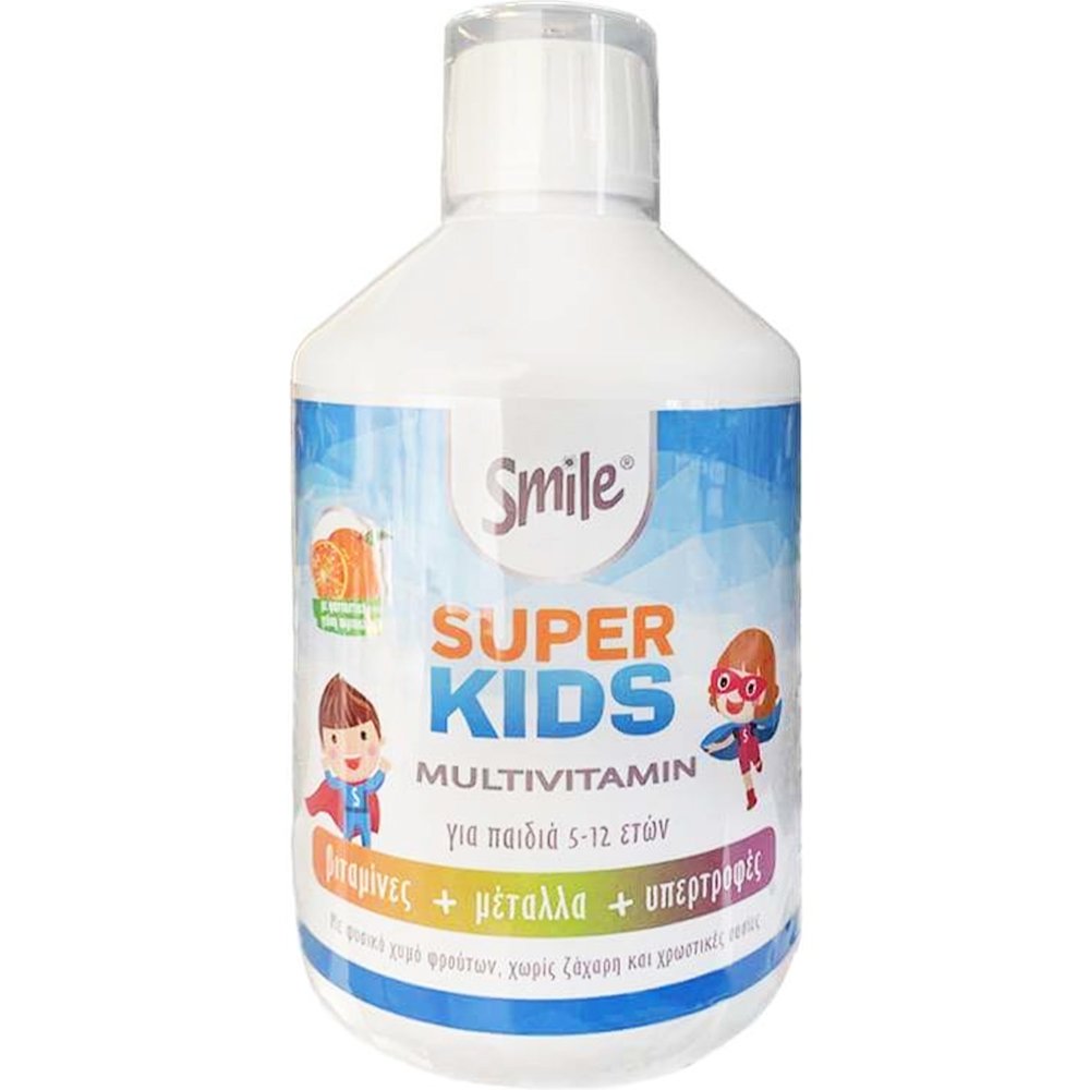 Smile Smile Super Kids Multivitamin Συμπλήρωμα Διατροφής Πολυβιταμινών, Μετάλλων & Φυτικών Εκχυλισμάτων σε Πόσιμο Υγρό για Παιδιά από 5 Έως 12 Ετών για Σωστή Ανάπτυξη & Κάλυψη Διατροφικών Ελλείψεων με Γεύση Πορτοκάλι 500ml