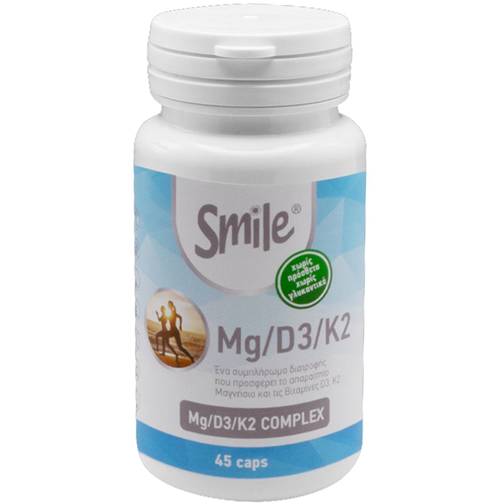Smile Mg/D3/K2 Complex Συμπλήρωμα Διατροφής που Συμβάλει στη Διατήρηση Φυσιολογικών Οστών, στη Μείωση της Κούρασης & Κόπωσης, Χάρη στον Συνδυασμό Μαγνησίου, Βιταμίνης D3 & K2 45caps