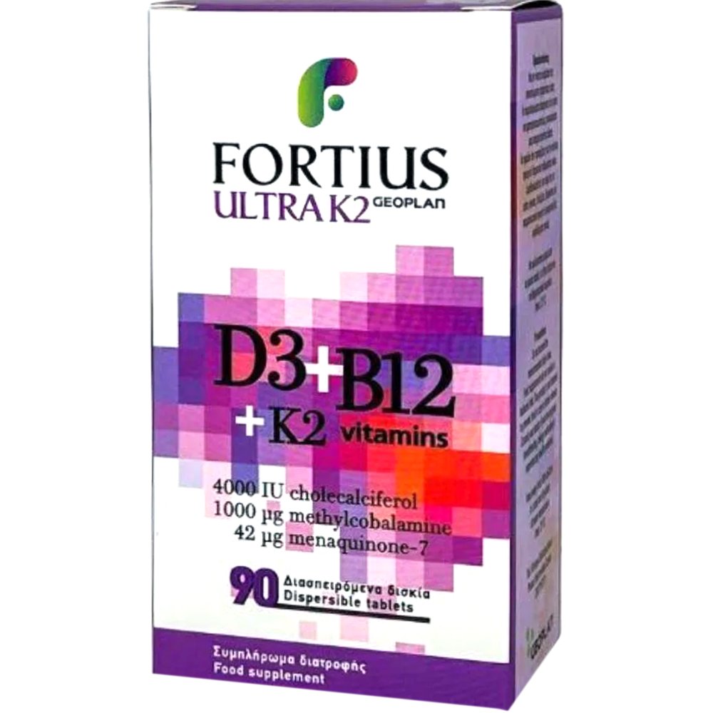 Geoplan Fortius Ultrta Vitamins D3 4000IU, B12 1000μg & K2 42μg Συμπλήρωμα Διατροφής Βιταμίνης D3, B12 & K2 για Ενίσχυση του Ανοσοποιητικού, Καλή Λειτουργία του Νευρικού Συστήματος, Ενέργεια & Τόνωση 90Disp.tabs
