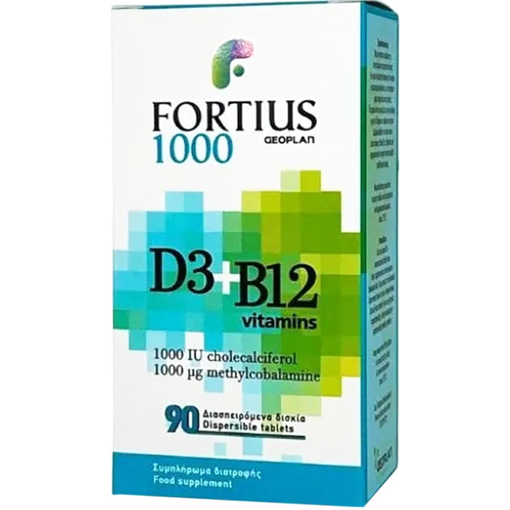 Geoplan Fortius Vitamins D3 1000IU & B12 1000μg Συμπλήρωμα Διατροφής Βιταμίνης D3 & B12 για Ενίσχυση του Ανοσοποιητικού, Καλή Λειτουργία του Νευρικού Συστήματος, Ενέργεια & Τόνωση 90Disp.tabs