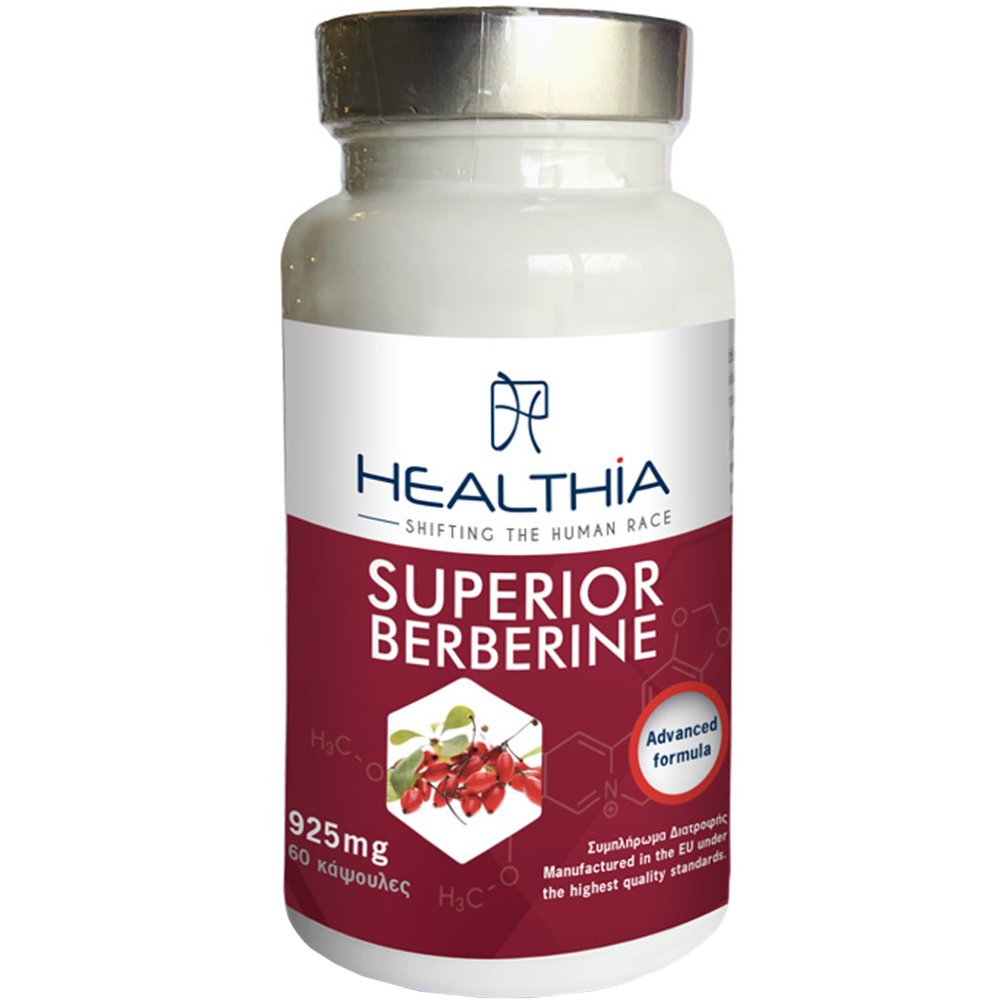 Healthia Healthia Superior Berberine 925mg Συμπλήρωμα Διατροφής Εκχυλίσματος του Φυτού Berberis Aristata Υψηλής Περιεκτικότητας σε Βερβερίνη & Βιταμινών, Μετάλλων για τον Έλεγχο του Σακχάρου στο Αίμα, Καλή Υγεία της Καρδιάς & Έλεγχο Βάρους 60caps