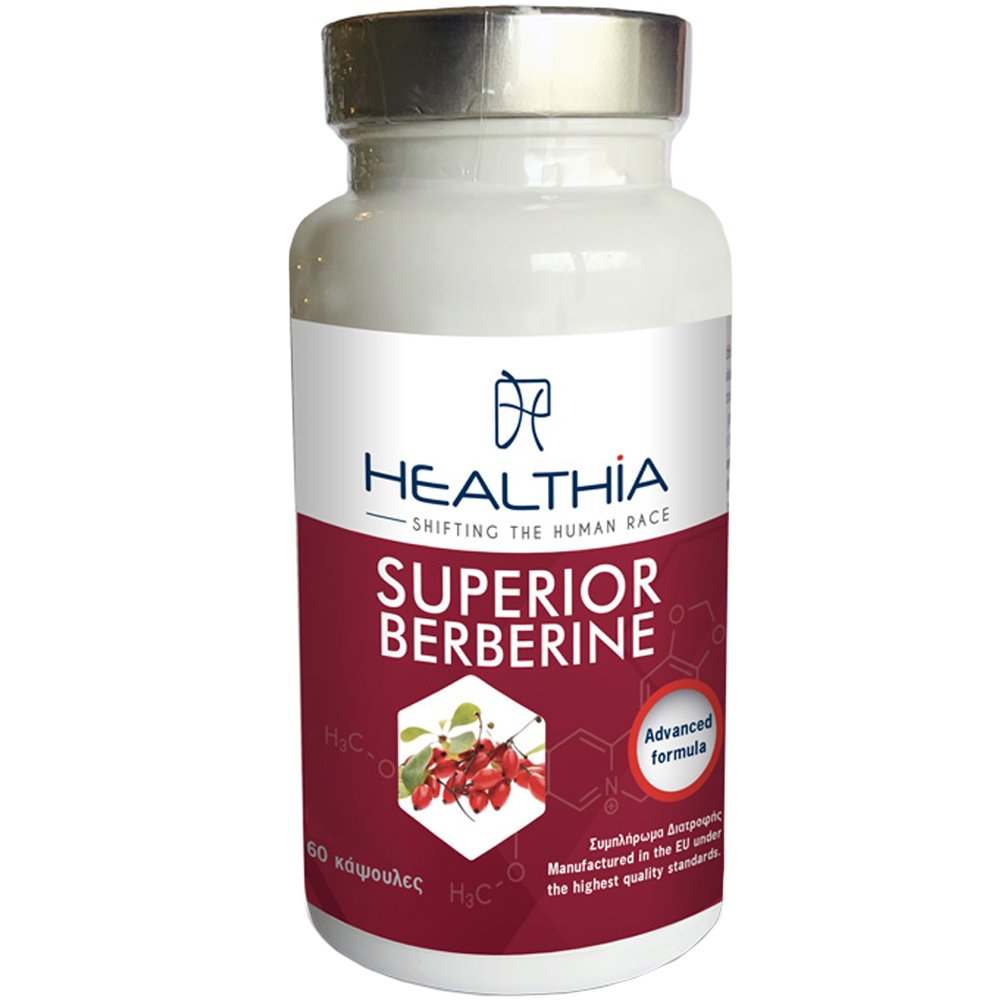Healthia Superior Berberine Συμπλήρωμα Διατροφής Εκχυλίσματος του Φυτού Berberis Aristata Υψηλής Περιεκτικότητας σε Βερβερίνη & Βιταμινών, Μετάλλων για τον Έλεγχο του Σακχάρου στο Αίμα, Καλή Υγεία της Καρδιάς & Έλεγχο Βάρους 60caps