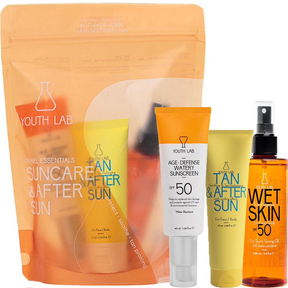 Youth Lab. Youth Lab Promo Age-Defense Watery Sunscreen Spf50, 40ml & Tan & After Sun Face & Body Gel Cream 75ml & Wet Skin Spf50 Face & Body Dry Touch Tanning Oil 100ml